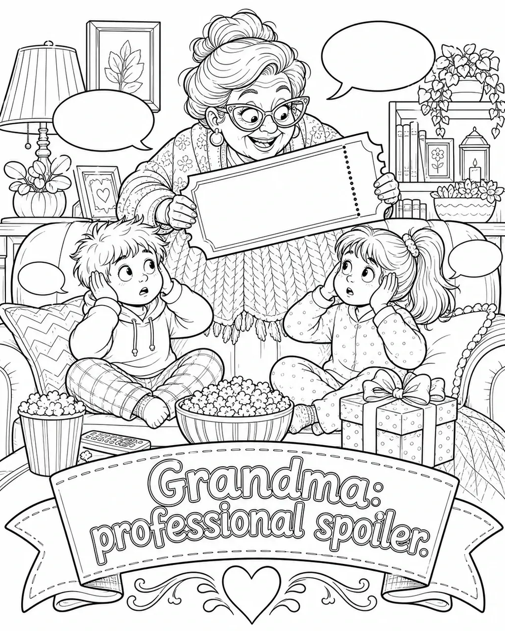 Black and white printable adult coloring page with the hand-lettered phrase Grandma: professional spoiler. Features Grandma glasses, a cinema ticket stamped ‘spoiler,’ popcorn, a wrapped gift, speech