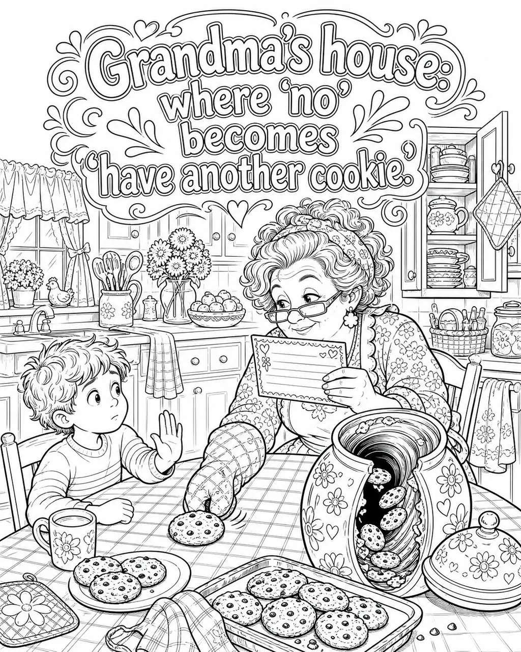 Black and white printable adult coloring page with the hand-lettered phrase Grandma’s house: where ‘no’ becomes ‘have another cookie.’. Features Cozy grandma kitchen, cookie jar, oven mitt, open