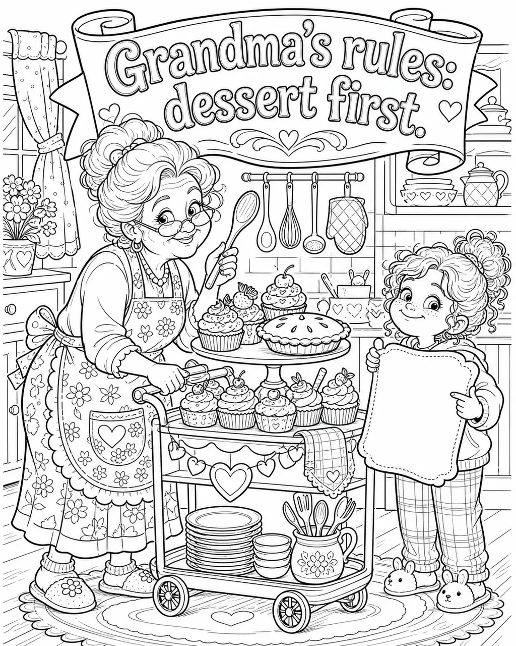 Black and white printable adult coloring page with the hand-lettered phrase Grandma’s rules: dessert first. Features cupcake cart, pie slice, apron.