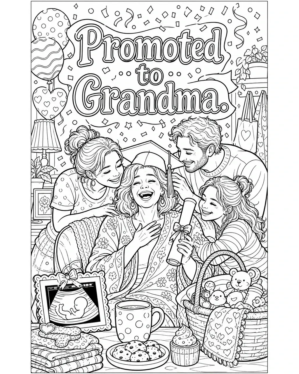 Black and white printable adult coloring page with the hand-lettered phrase Promoted to Grandma. Features graduation cap, diploma, confetti.