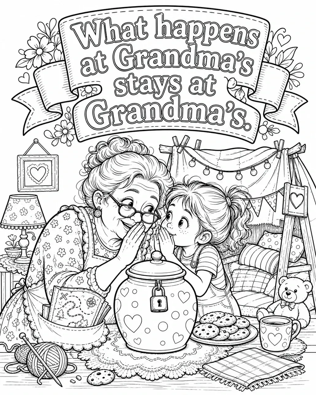 Black and white printable adult coloring page with the hand-lettered phrase What happens at Grandma’s stays at Grandma’s. Features cookie jar with tiny lock, secret clubhouse sign, whispering