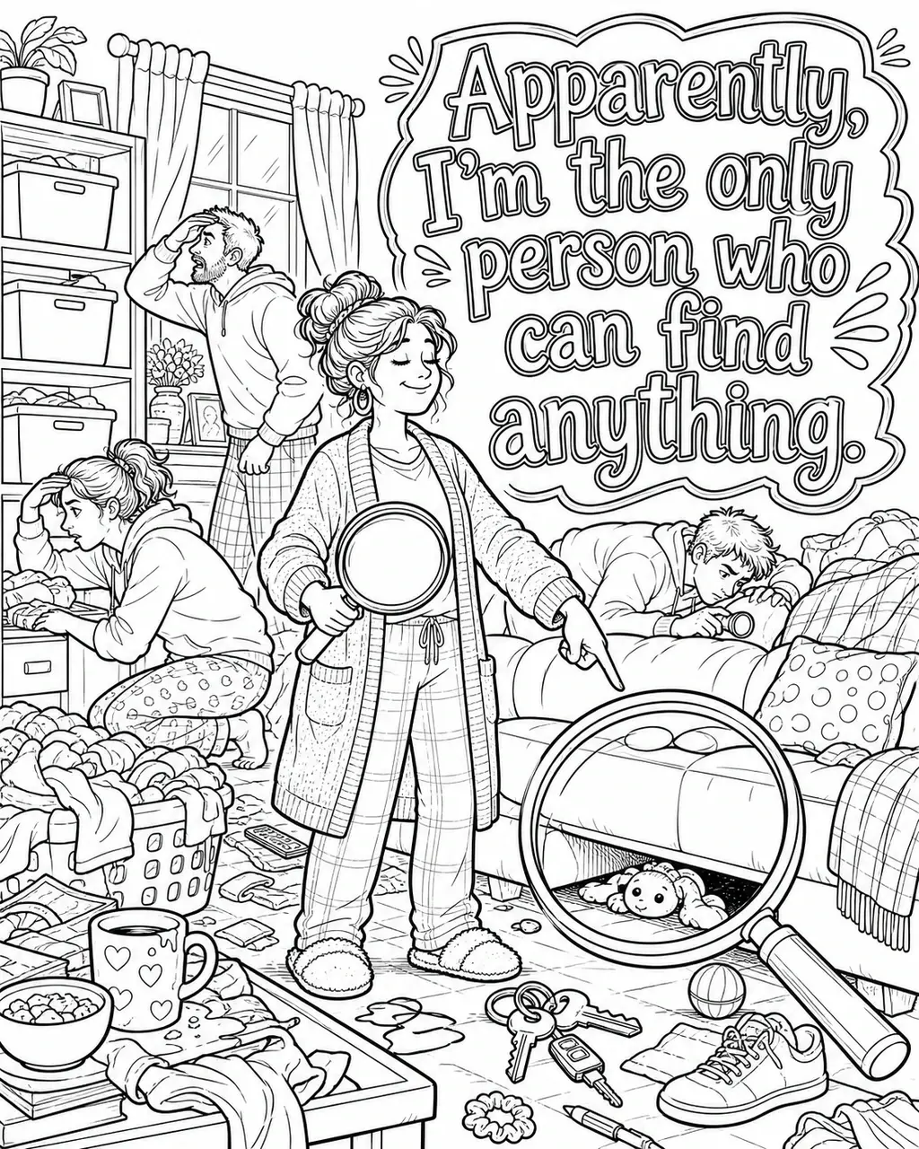 Black and white printable adult coloring page with the hand-lettered phrase Apparently, I’m the only person who can find anything. Features labeled storage bins, magnifying glass, missing sock.
