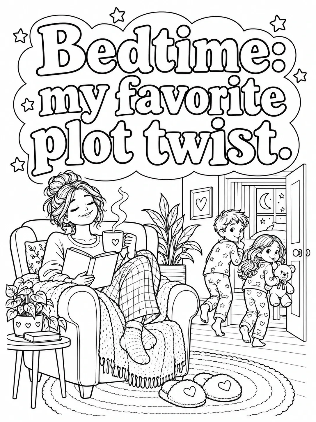 A black-and-white coloring page shows a cozy bedtime scene with a mother reading in an armchair while two children tiptoe toward a bedroom.