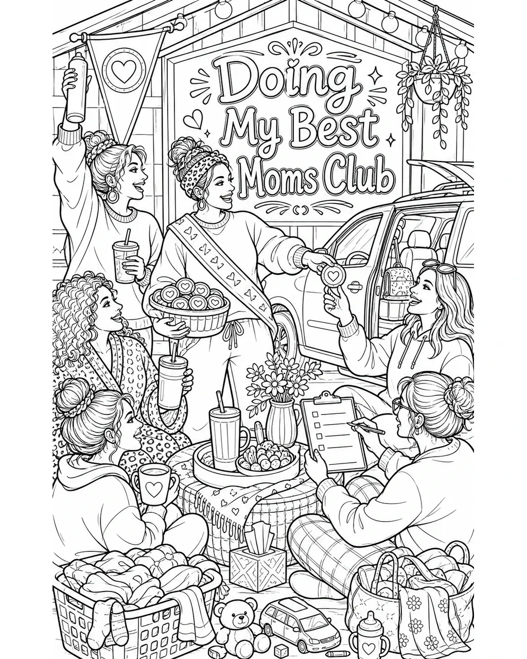 Black and white printable adult coloring page with the hand-lettered phrase Doing My Best Moms Club. Features Clubhouse pennant, membership badge, iced coffee, dry-shampoo bottle without branding