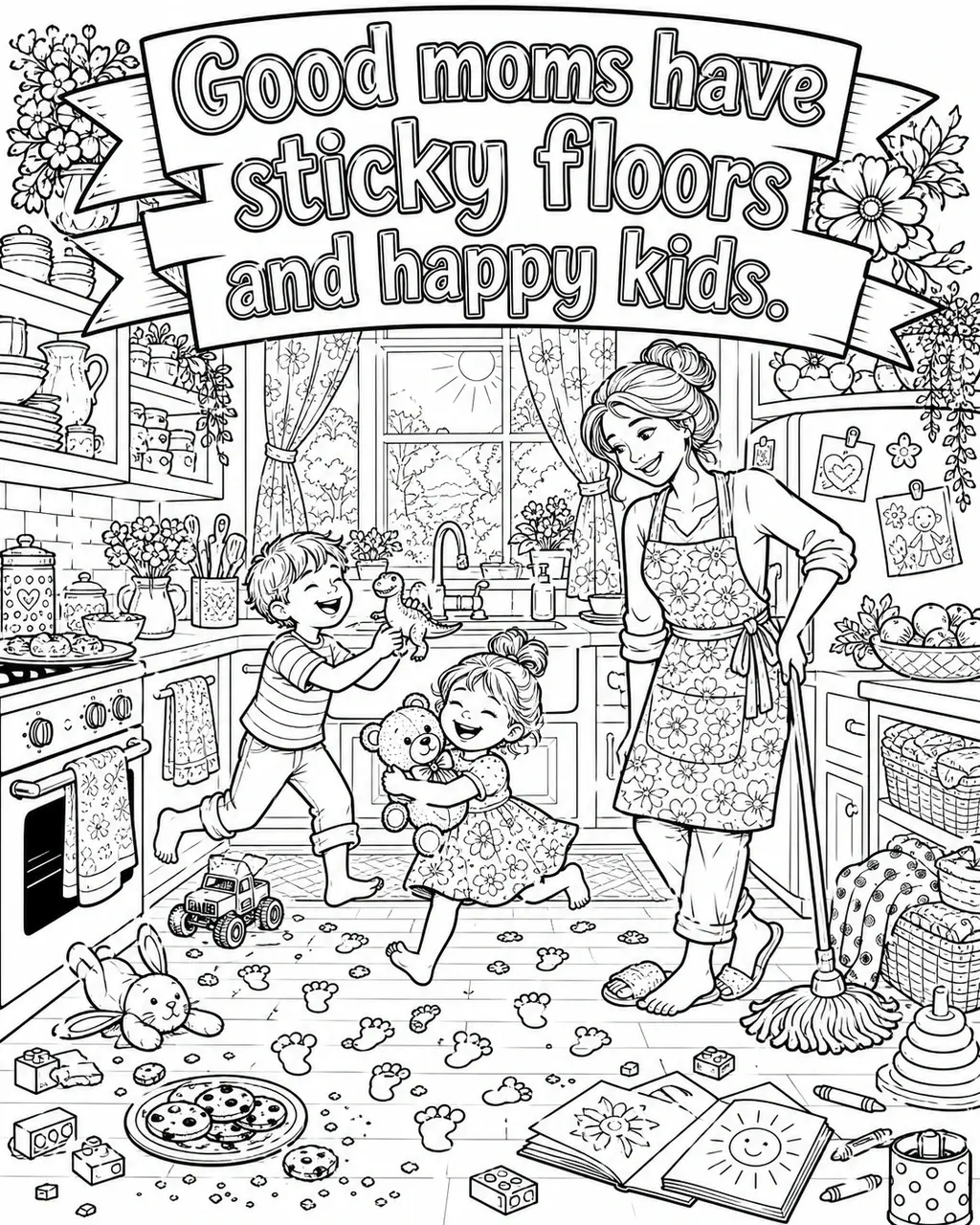 Black and white printable adult coloring page with the hand-lettered phrase Good moms have sticky floors and happy kids. Features cookie crumbs, sticky toy footprints, mop set aside.