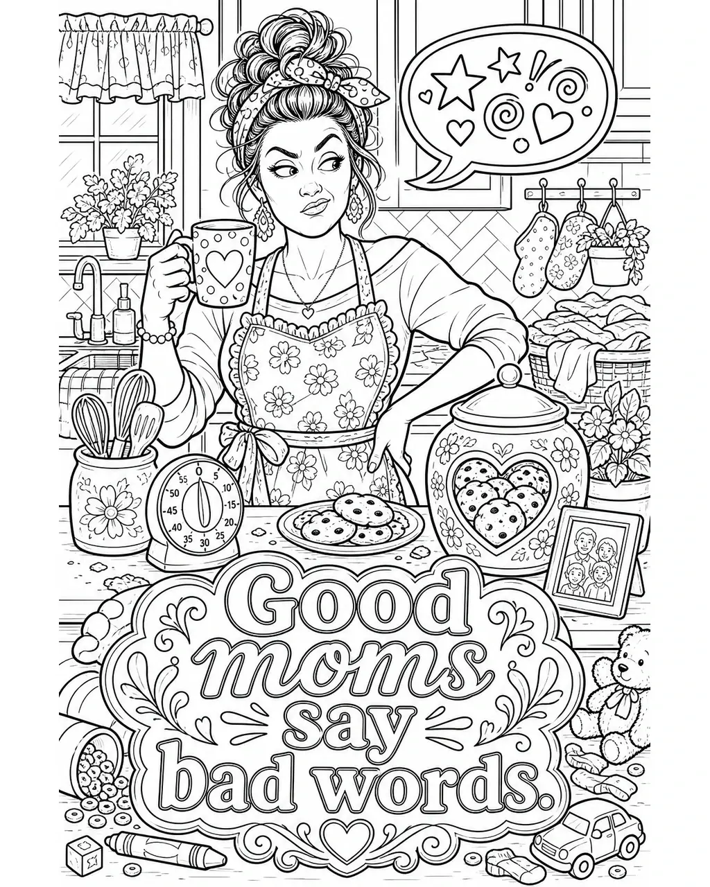 Black and white printable adult coloring page with the hand-lettered phrase Good moms say bad words. Features comic speech bubble with censor symbols, kitchen timer, coffee mug.
