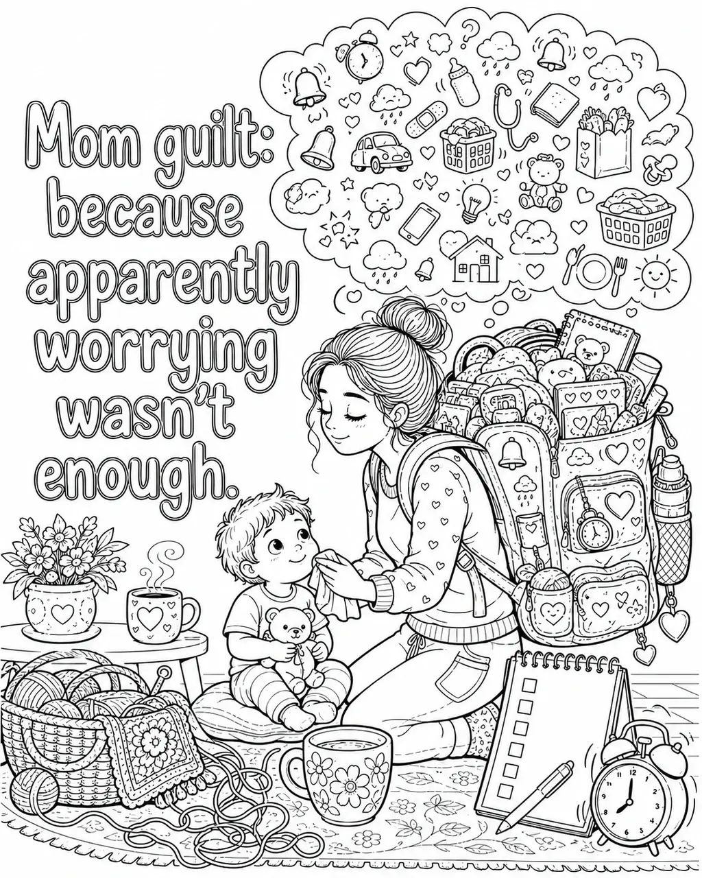 Black and white printable adult coloring page with the hand-lettered phrase Mom guilt: because apparently worrying wasn’t enough. Features worry cloud, thought bubbles, checklist, heart, tiny alarm