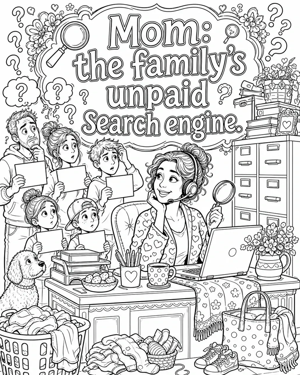 Black and white printable adult coloring page with the hand-lettered phrase Mom: the family’s unpaid search engine. Features question bubbles, magnifying glass, family members with query cards.