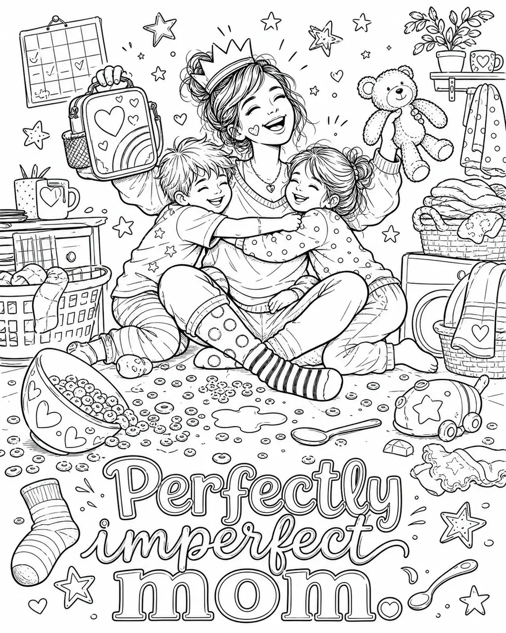 Black and white printable adult coloring page with the hand-lettered phrase Perfectly imperfect mom. Features Mismatched socks, spilled cereal, a tilted crown, a heart-shaped bandage, doodled stars