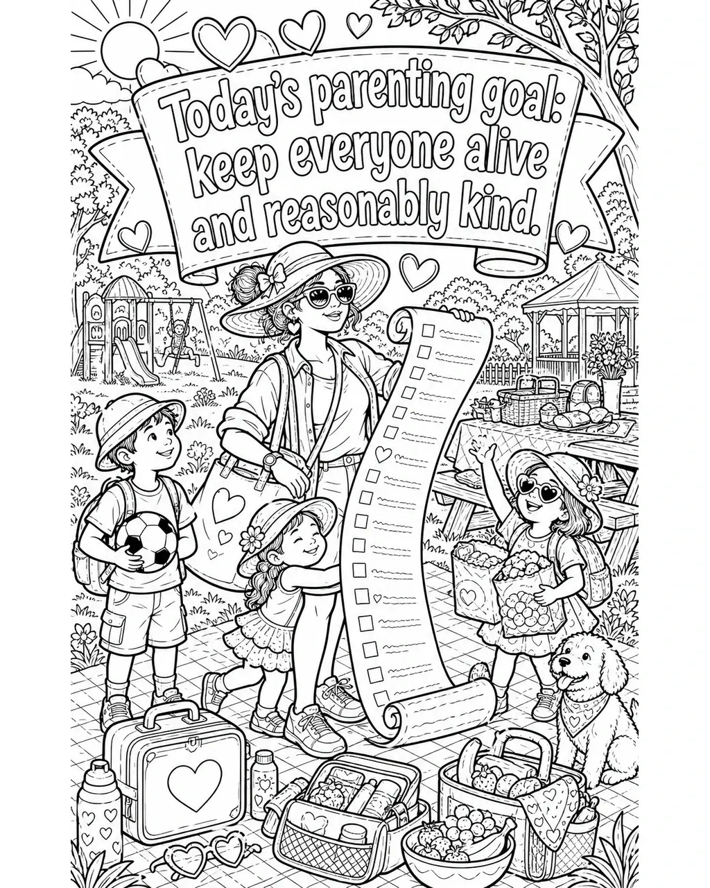 Black and white printable adult coloring page with the hand-lettered phrase Today’s parenting goal: keep everyone alive and reasonably kind. Features family picnic or park, safety checklist, first-aid
