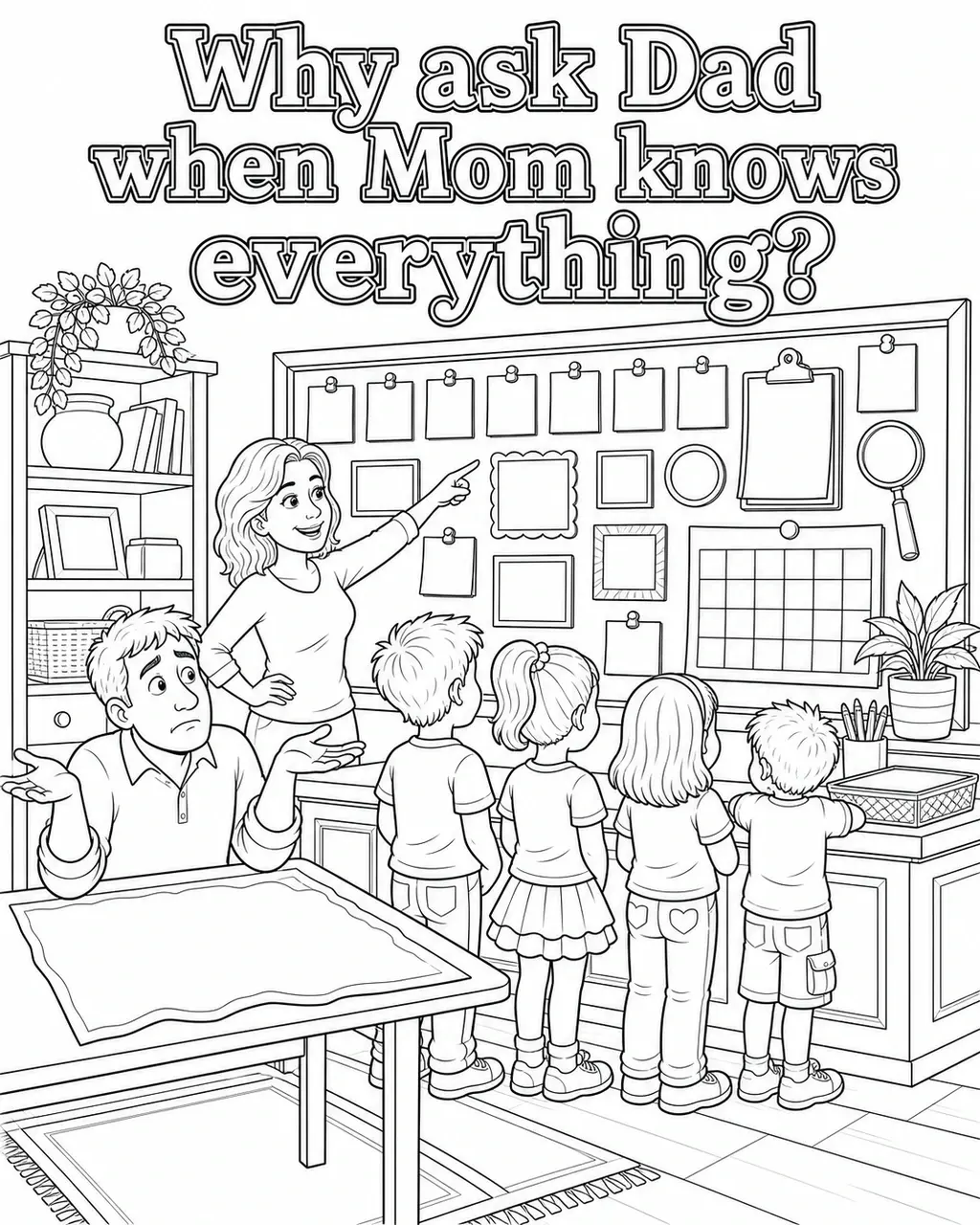 Black and white printable adult coloring page with the hand-lettered phrase Why ask Dad when Mom knows everything? Features Kitchen command center, question cards, clipboard, family calendar