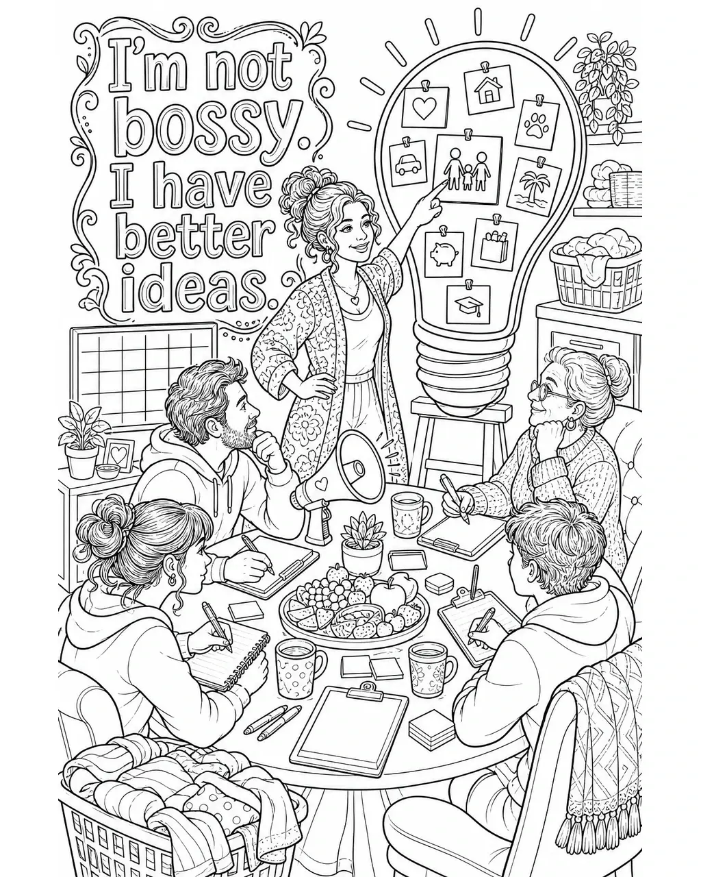 Black and white printable adult coloring page with the hand-lettered phrase I’m not bossy. I have better ideas. Features Lightbulb, whiteboard, idea cards, clipboard, playful megaphone, family meeting