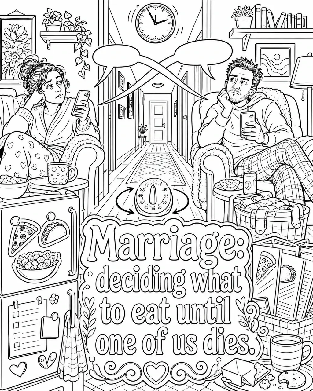Black and white printable adult coloring page with the hand-lettered phrase Marriage: deciding what to eat until one of us dies. Features Two phones, refrigerator menu magnets, pizza/taco/salad icons