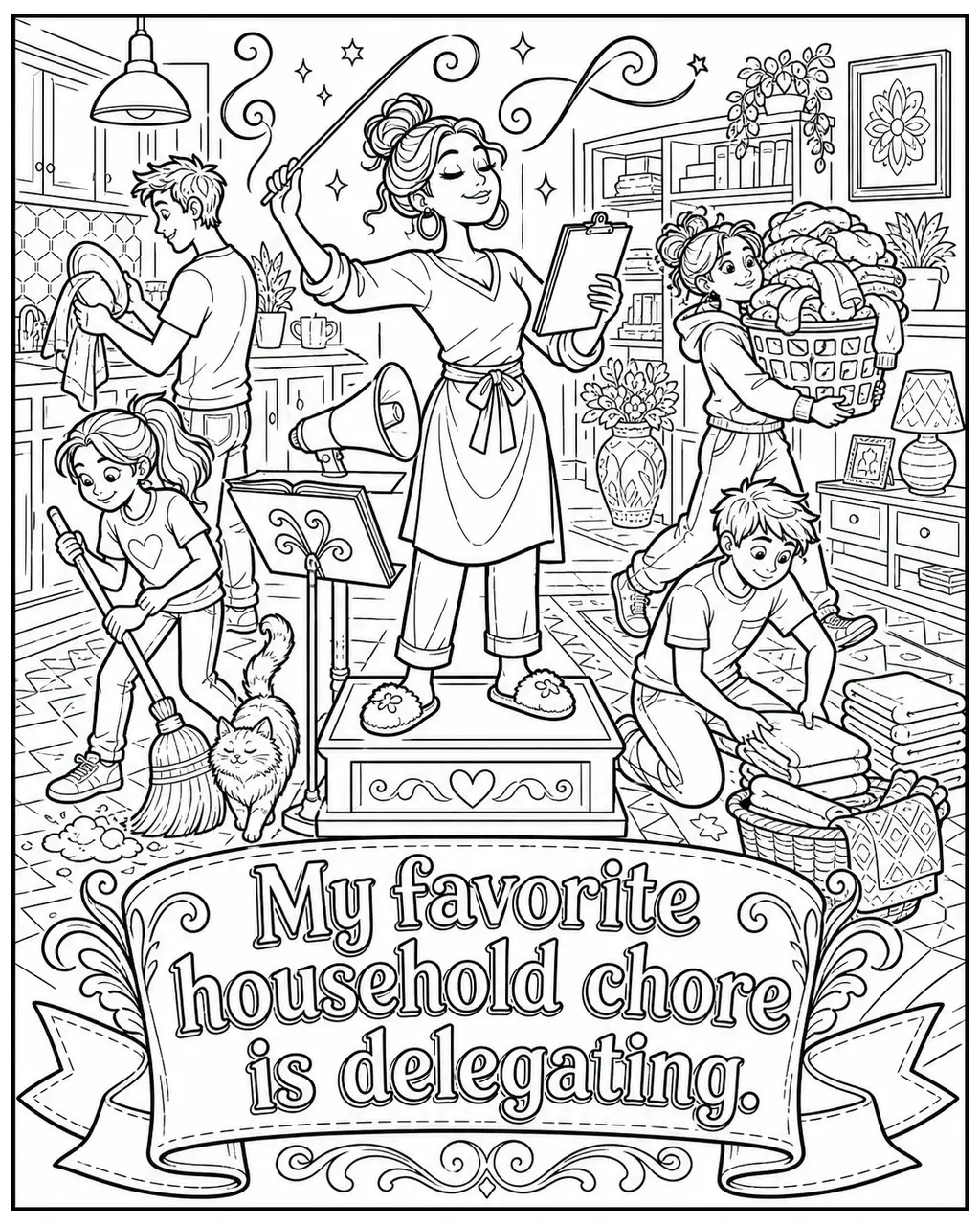 Black and white printable adult coloring page with the hand-lettered phrase My favorite household chore is delegating. Features chore chart clipboard, megaphone, broom.