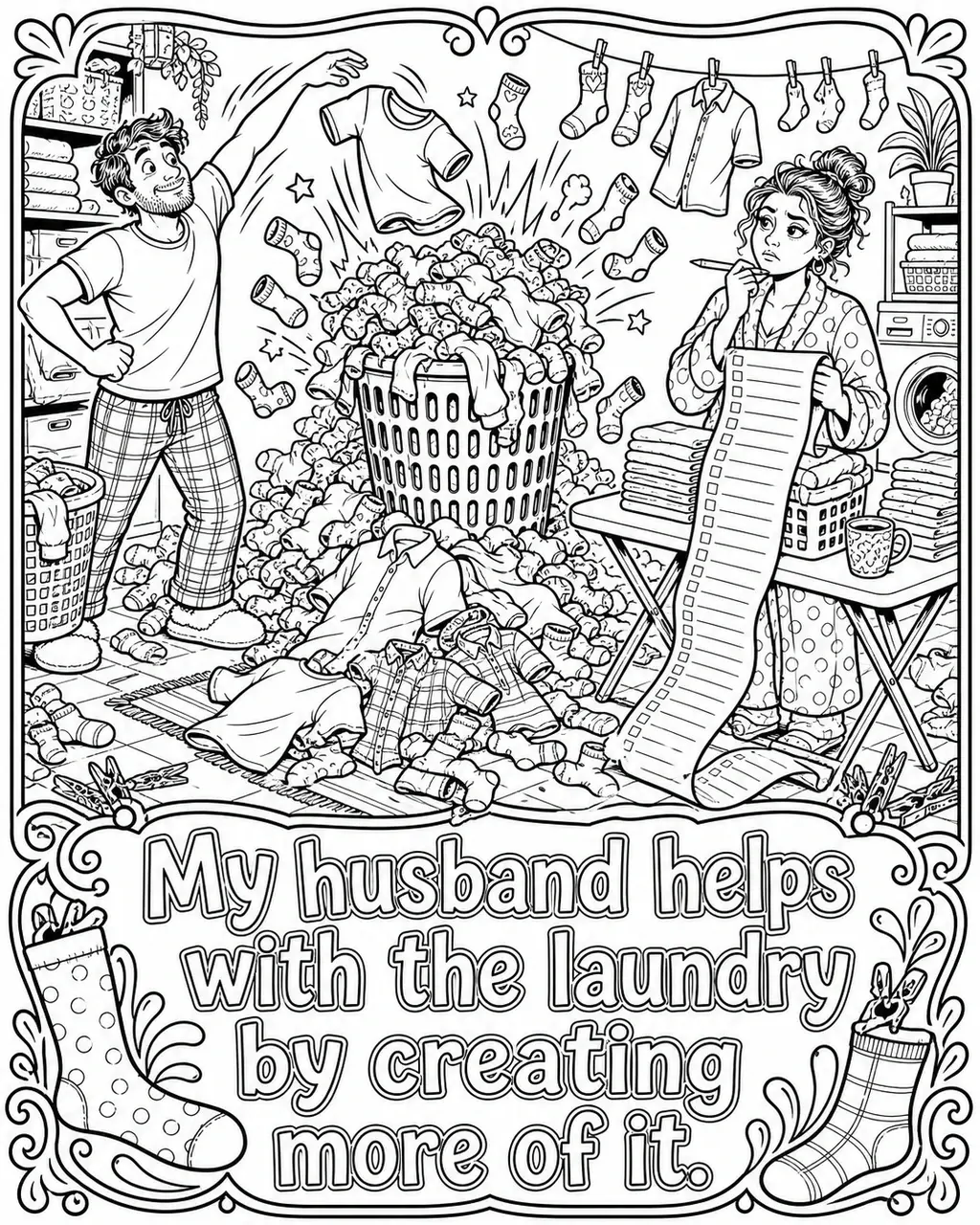 Black and white printable adult coloring page with the hand-lettered phrase My husband helps with the laundry by creating more of it. Features overflowing hamper, multiplying socks, shirts, laundry