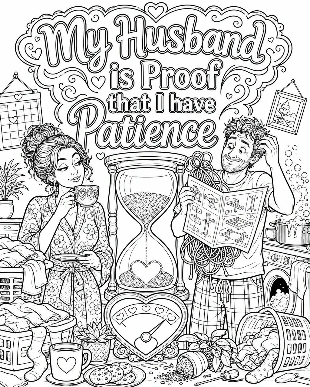 Black and white printable adult coloring page with the hand-lettered phrase My Husband is Proof that I have Patience. Features patient wife with raised eyebrow, husband holding a comically tangled