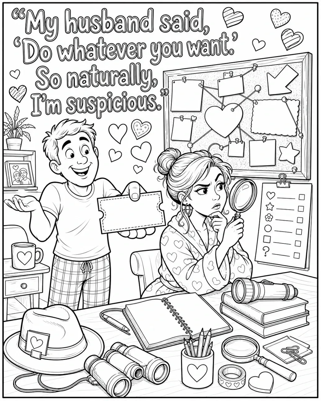 Black and white printable adult coloring page with the hand-lettered phrase My husband said, ‘Do whatever you want.’ So naturally, I’m suspicious. Features suspicious raised eyebrow, magnifying glass