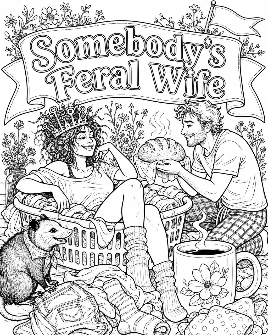 Black and white printable adult coloring page with the hand-lettered phrase Somebody's Feral Wife. Features Raccoon or opossum mascot, crooked house-key crown, wildflower or social-club pennant