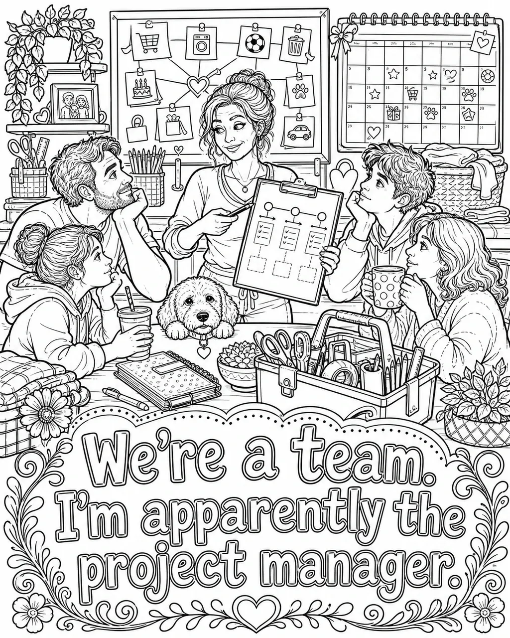 Black and white printable adult coloring page with the hand-lettered phrase We’re a team. I’m apparently the project manager. Features family project board, clipboard, calendar.