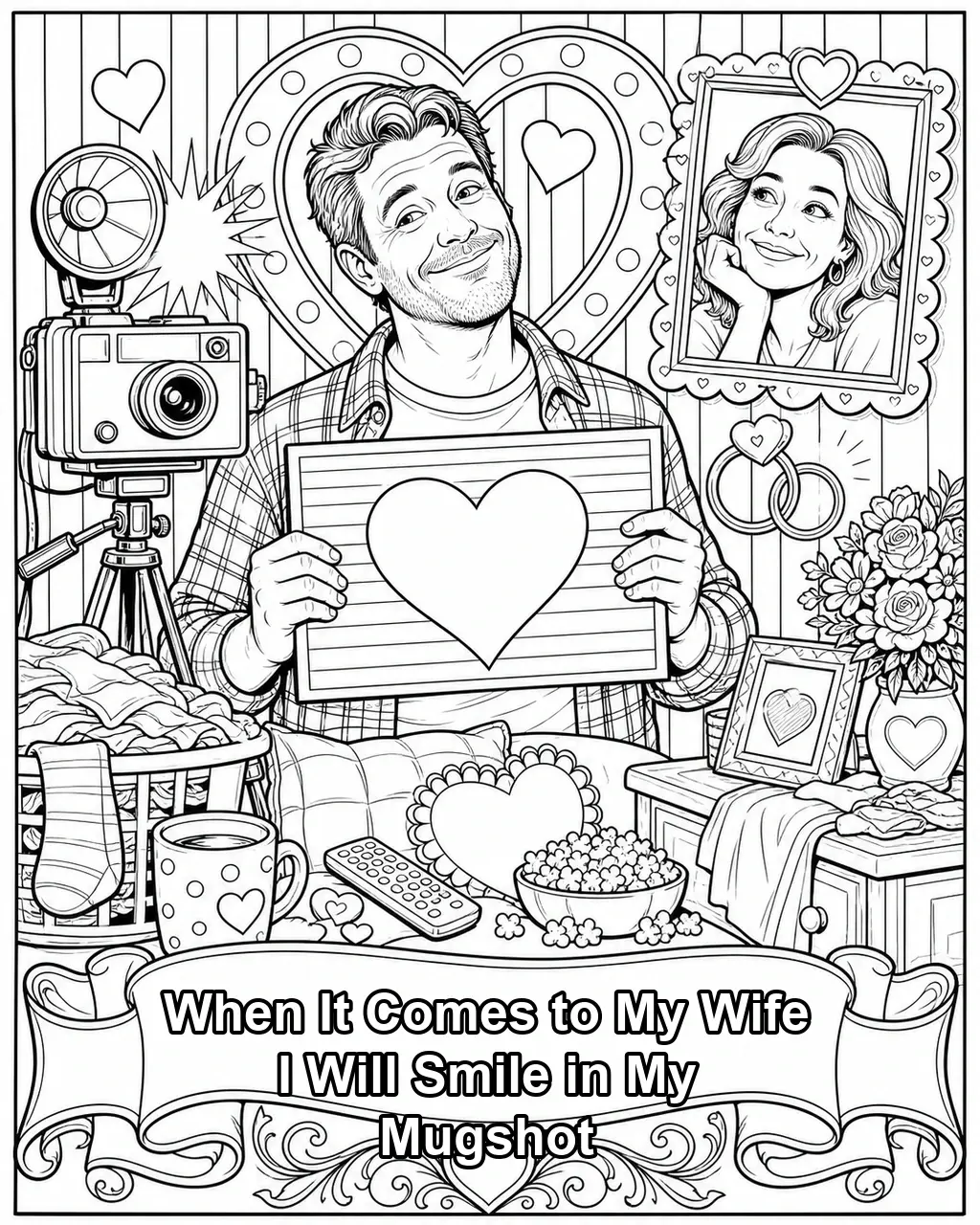 Black and white printable adult coloring page with the hand-lettered phrase When It Comes to My Wife I Will Smile in My Mugshot. Features tongue-in-cheek photo booth, camera flash, blank ID placard