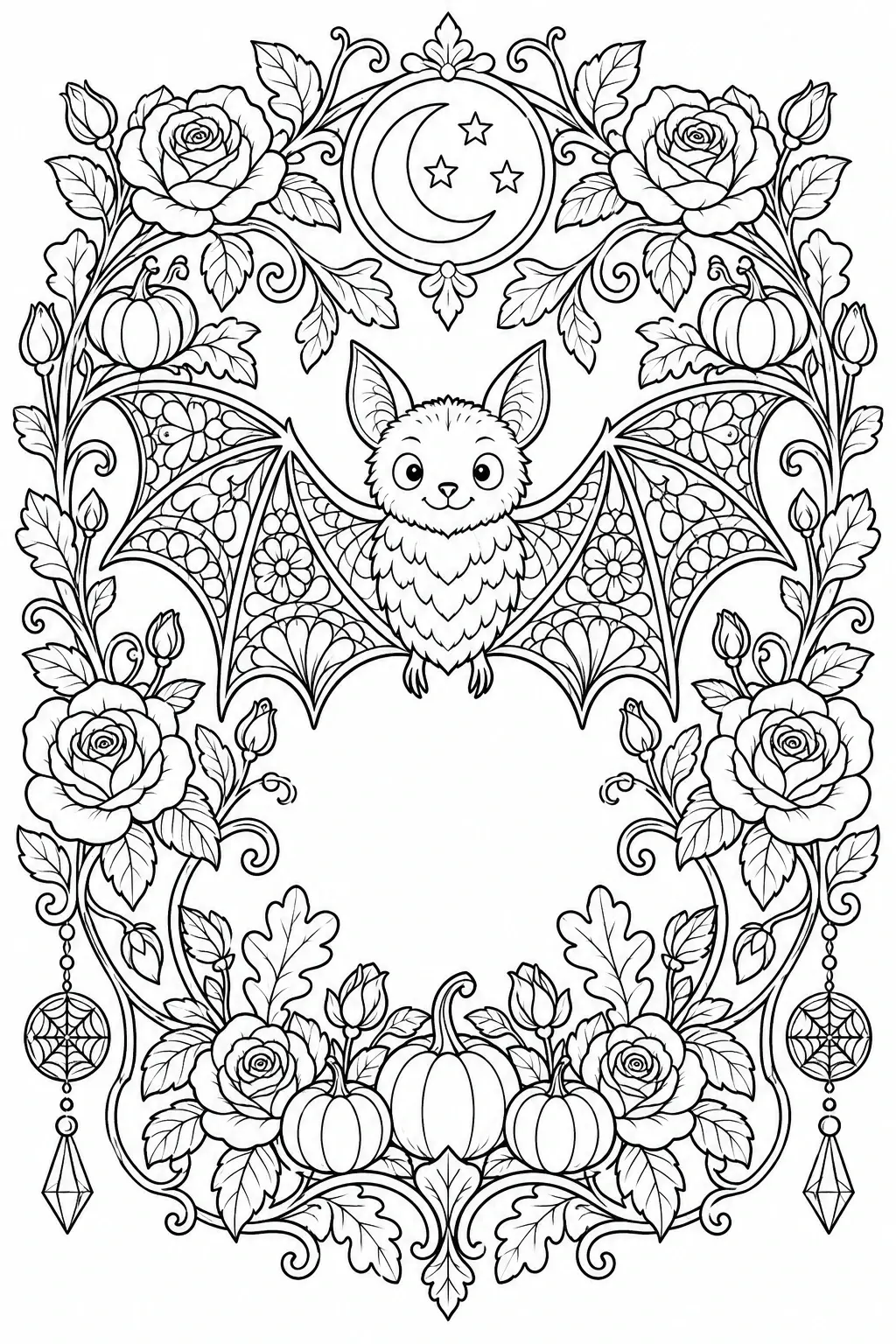 A bat coloring page with ornate flowers, pumpkins, a crescent moon, and stars in a decorative frame.