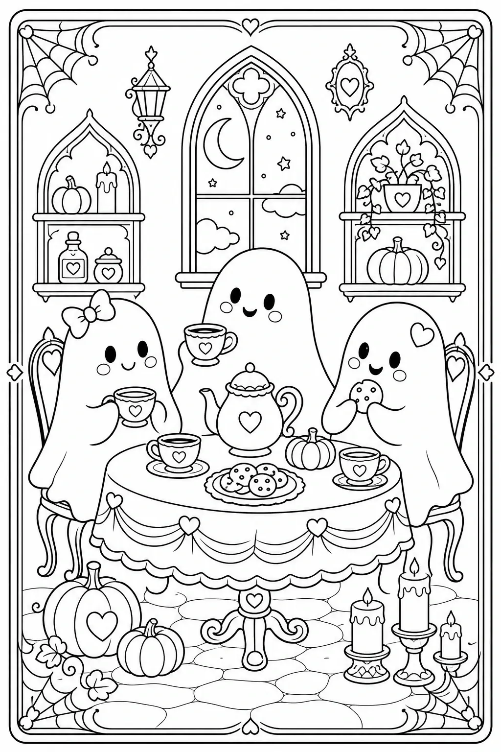 Black and white coloring page of three cute ghosts having a tea party in a decorated room with pumpkins, candles, teacups, cookies, and arched windows