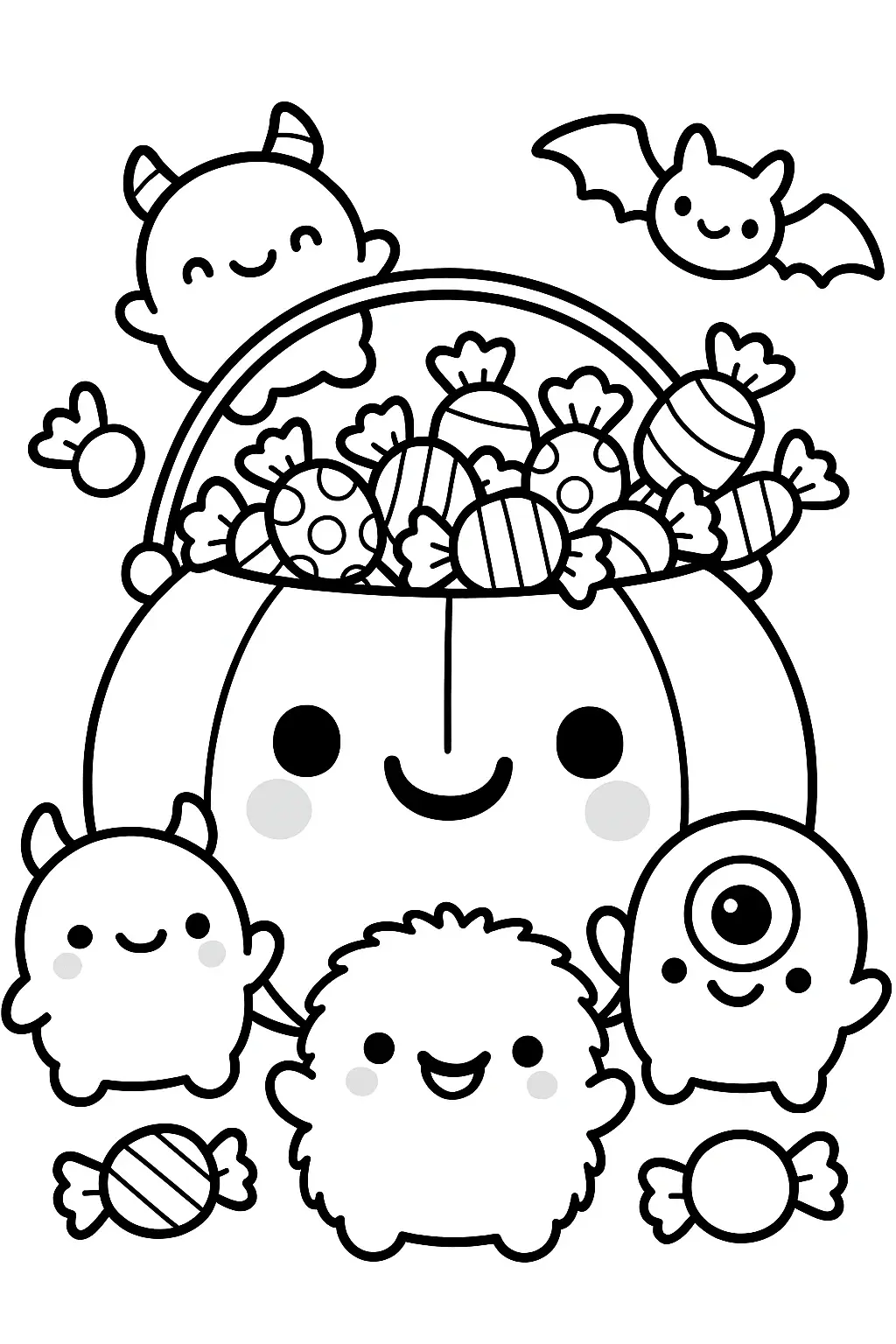 Cute Halloween candy bucket surrounded by smiling monsters, bats, and wrapped candies coloring page.