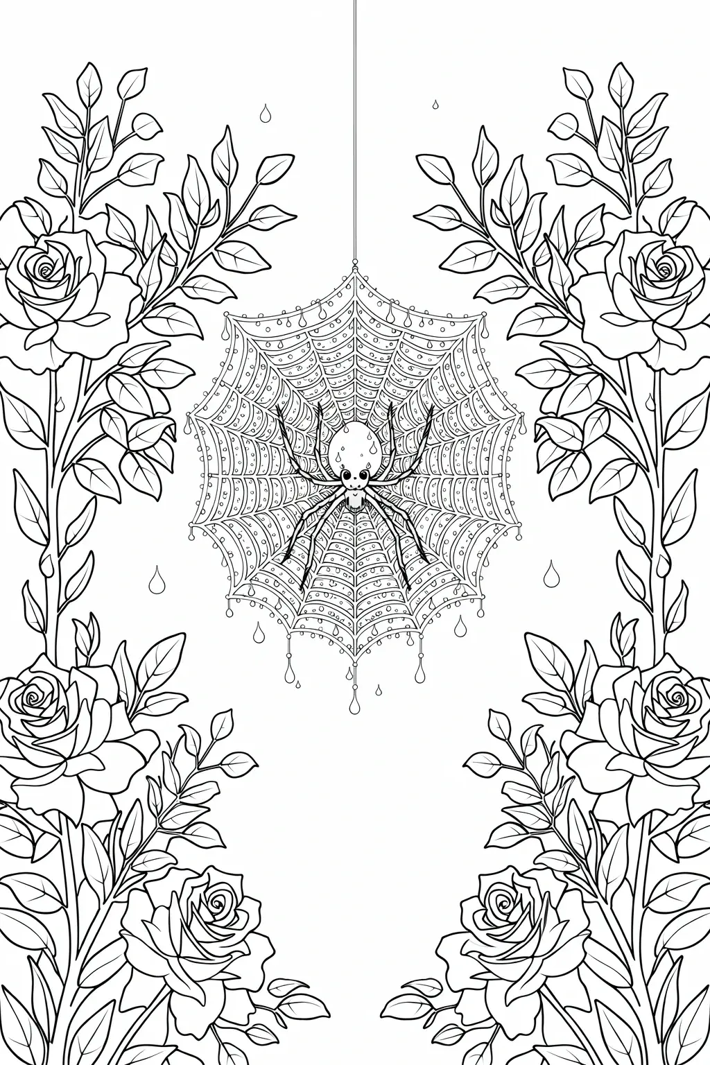 Black and white detailed coloring page of a spider in the center of a decorative web, surrounded by rose vines and flowers, with a spooky Halloween-style floral frame.