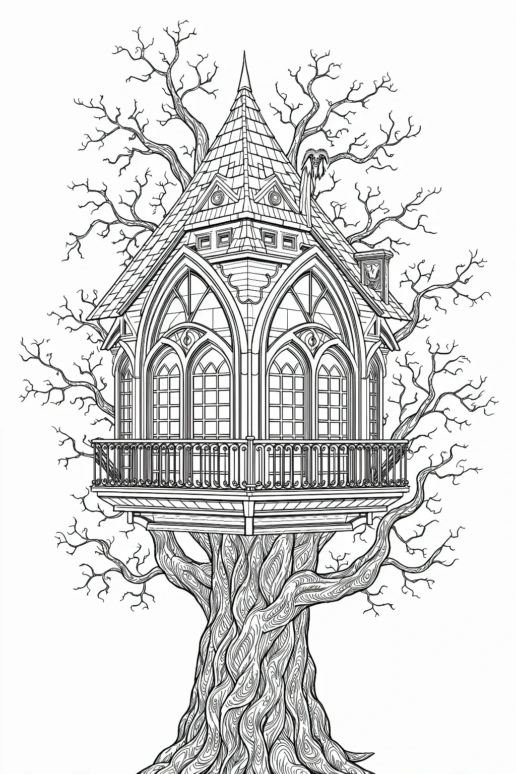 Black and white spooky treehouse manor coloring page with a tall gothic roof, bare branches, ornate windows, and a haunted fantasy look.