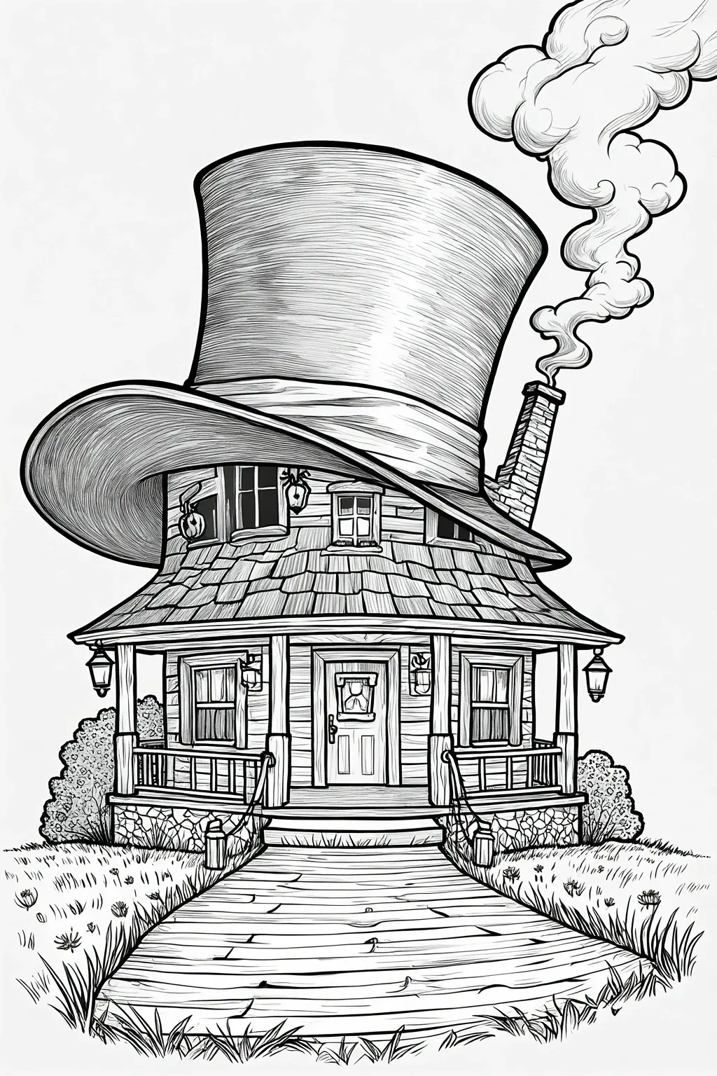 Black and white detailed coloring page illustration of a whimsical house with a giant hat-shaped roof, smoke rising from the chimney, and a path leading to the front door; a fun printable coloring