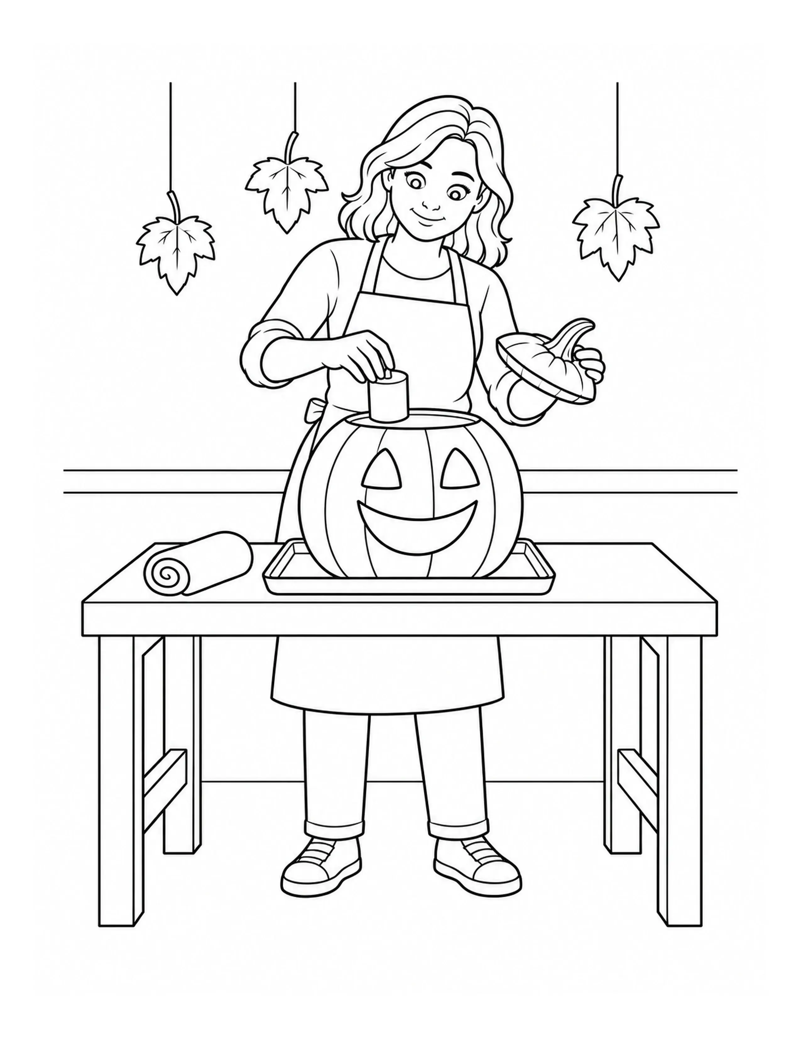 This coloring page shows a girl holding a pumpkin lid beside a smiling jack-o'-lantern on a table, with three leaves hanging above.