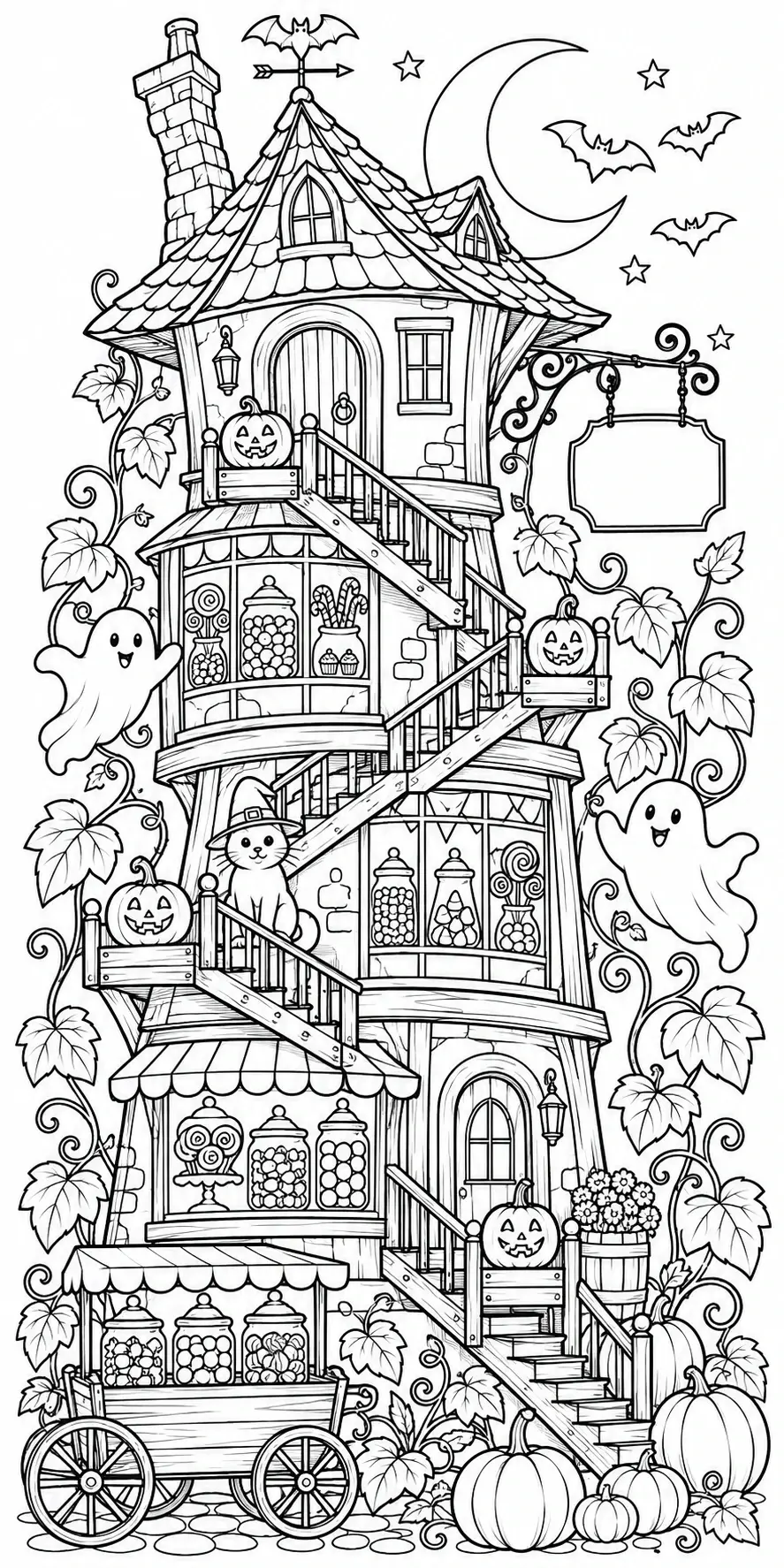 A Halloween coloring page showing a tall candy shop house with pumpkins, ghosts, bats, a cat, and a crescent moon.