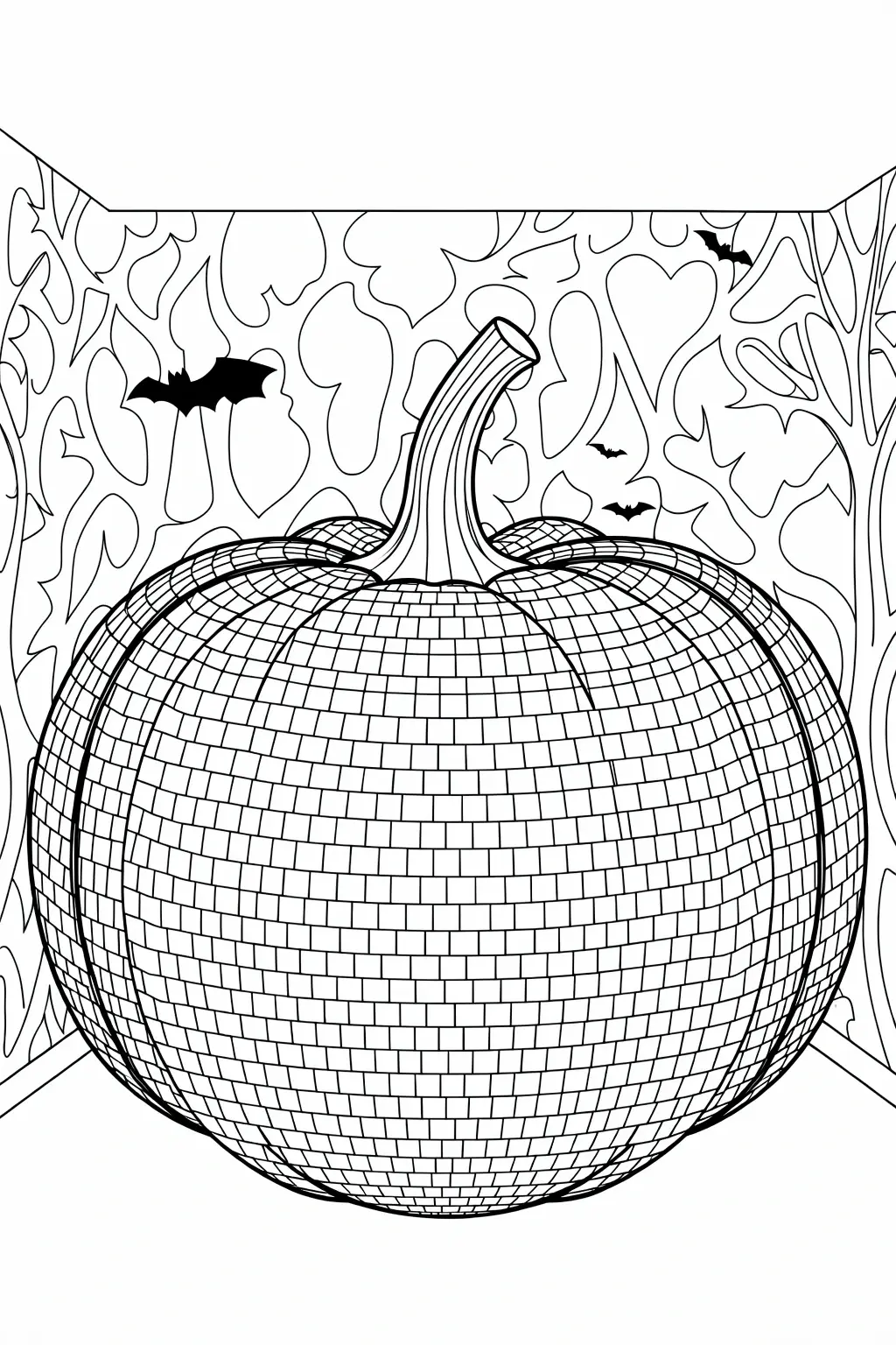 Black and white coloring page of large pumpkin with a disco ball pattern, surrounded by bats and spooky tree branches for Halloween coloring