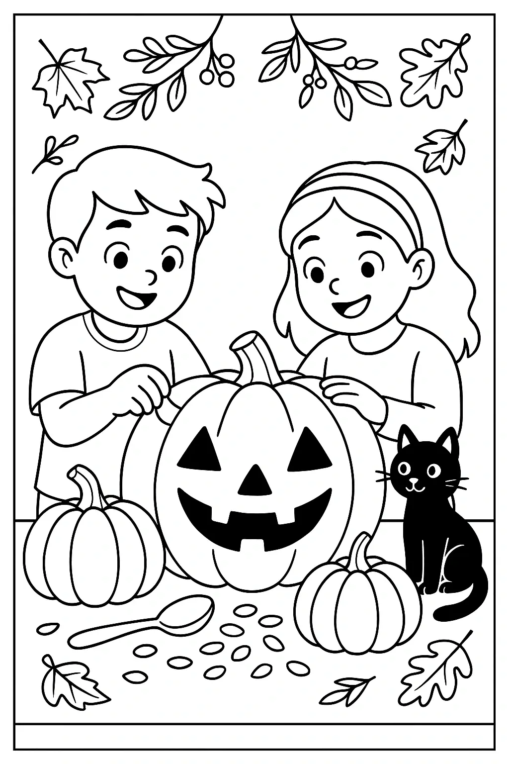 Black and white coloring page of two smiling children carving a jack-o'-lantern with pumpkins, autumn leaves, and a black cat