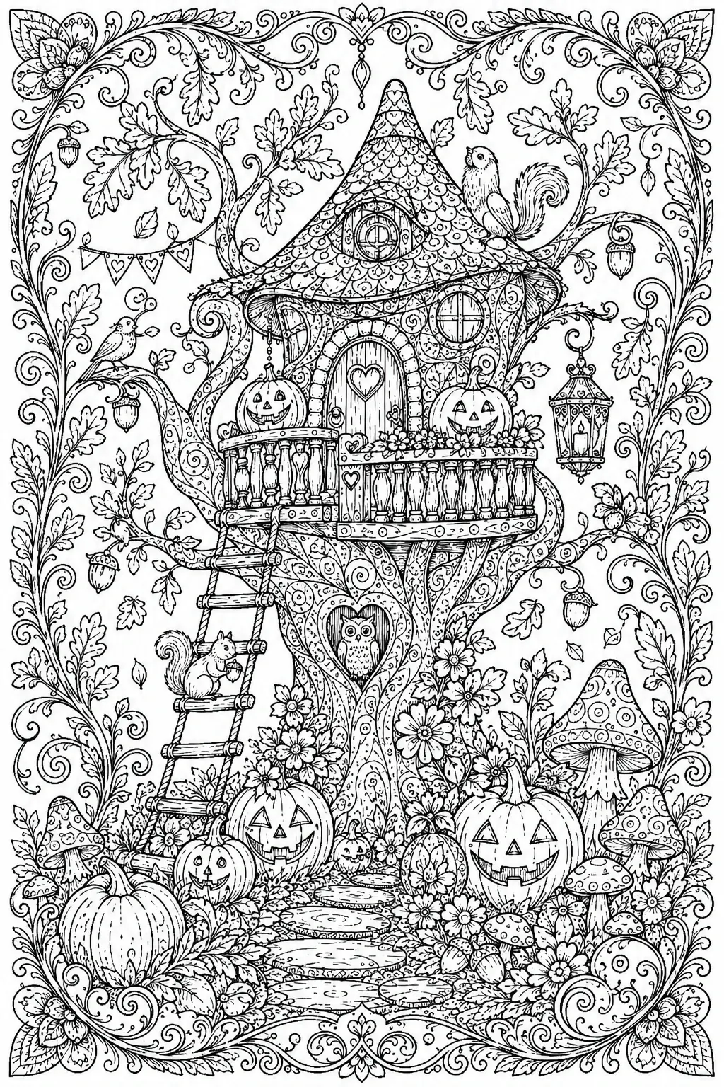 A black-and-white coloring page shows a whimsical treehouse surrounded by pumpkins, owls, mushrooms, vines, and flowers.