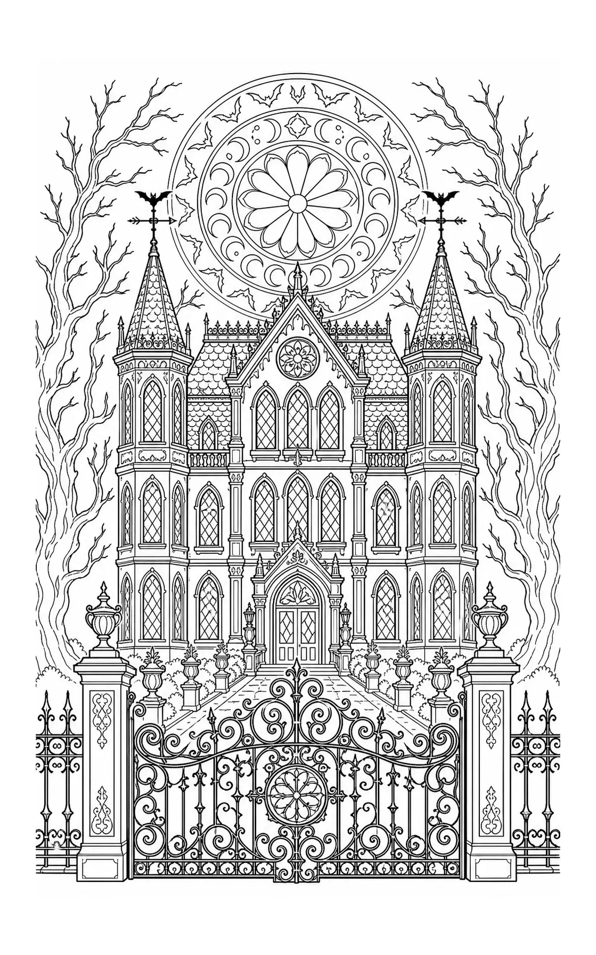 A black-and-white coloring page shows a haunted manor house with bare trees, bats, an ornate gate, and a large moon design above it.