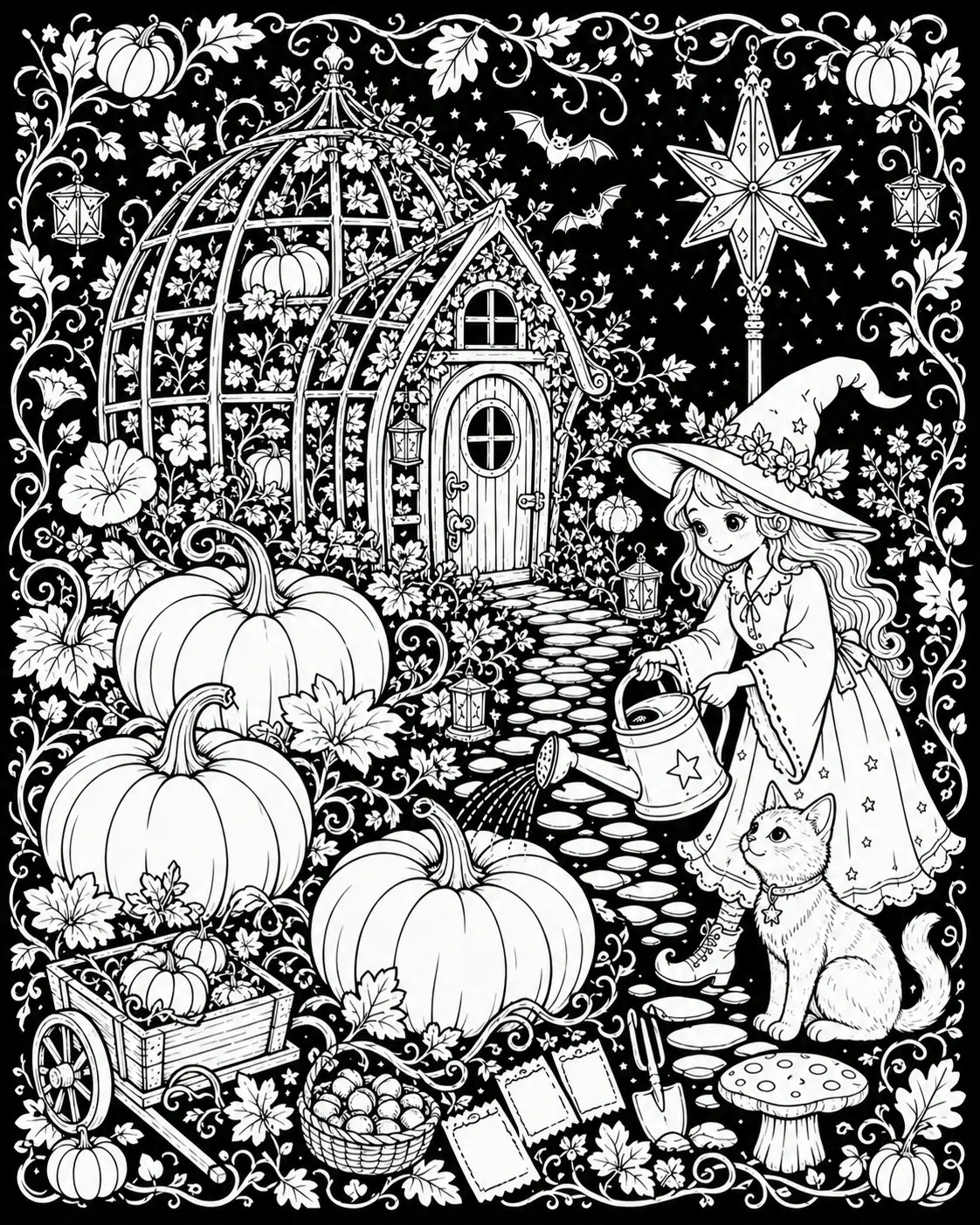A black-and-white coloring page shows a witch in a pumpkin garden beside a cat, greenhouse, and lanterns.