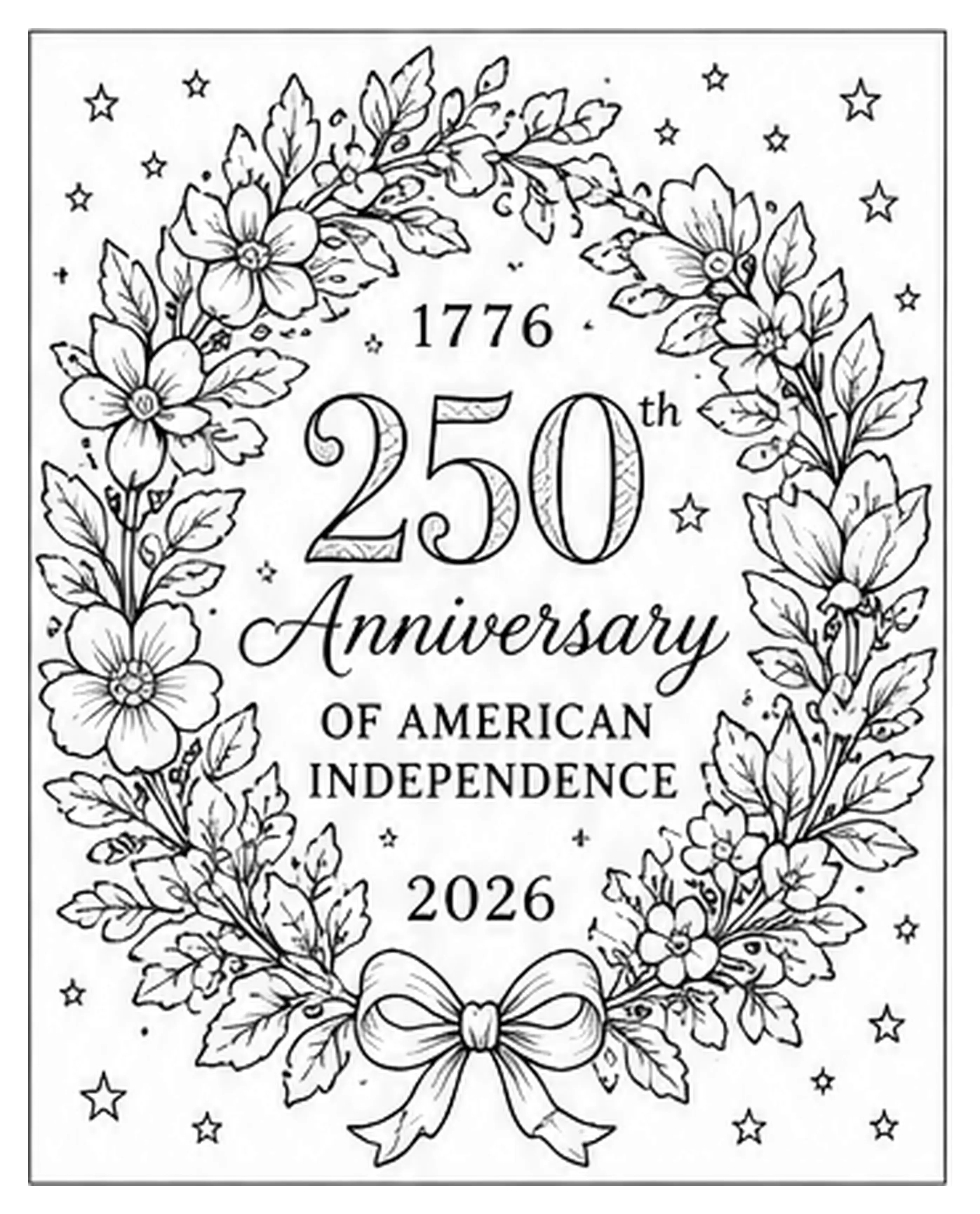 Black-and-white patriotic coloring page featuring a floral wreath with bows, stars, and the text 1776, 250th Anniversary of American Independence, and 2026.