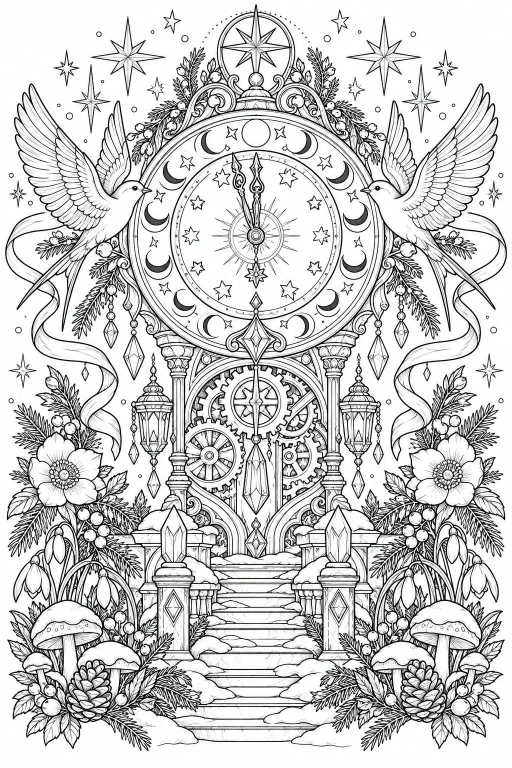 A black-and-white coloring page shows two birds beside an ornate celestial clock surrounded by stars, flowers, and mushrooms.