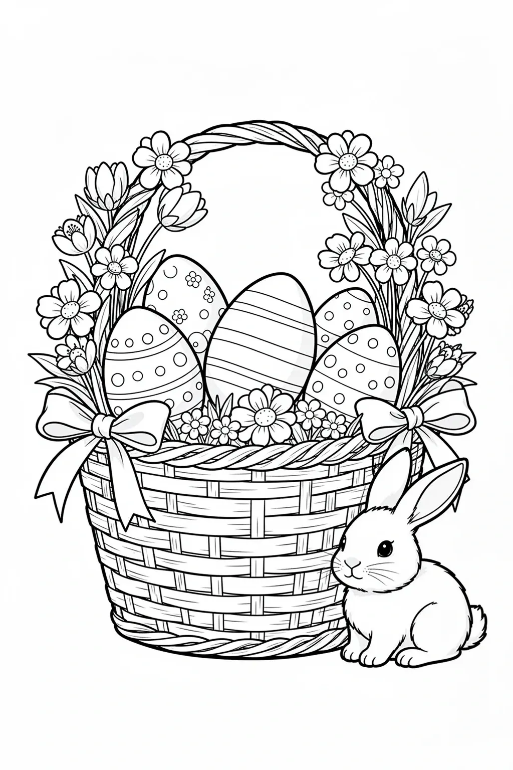 Free printable Easter basket ideas coloring page with decorated eggs, spring flowers, and a sweet bunny.