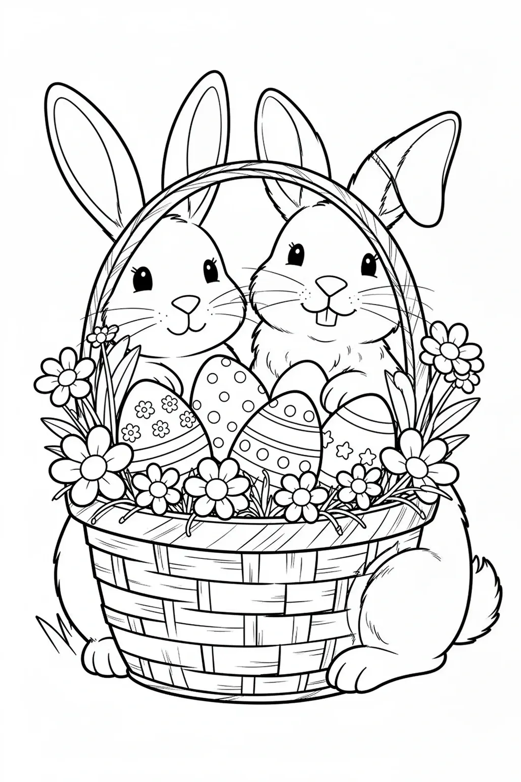 Free printable Easter crafts bunny basket coloring page with decorated eggs and spring flowers in a cheerful garden scene.