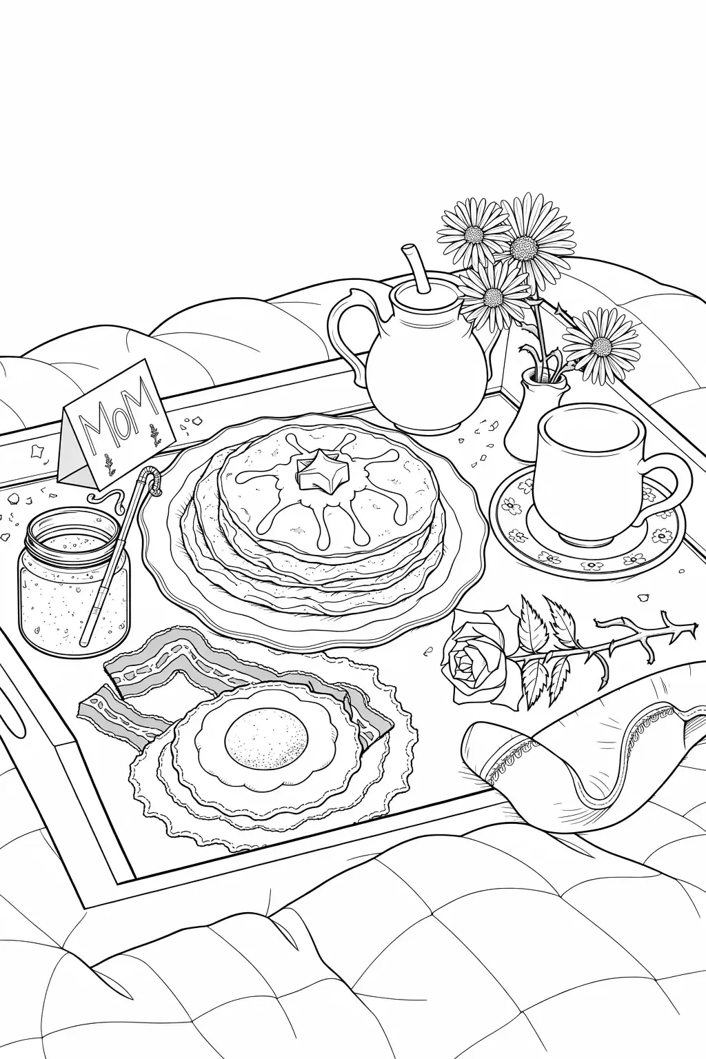Free Mother'S Day Breakfast Tray Coloring Page printable black and white coloring sheet.