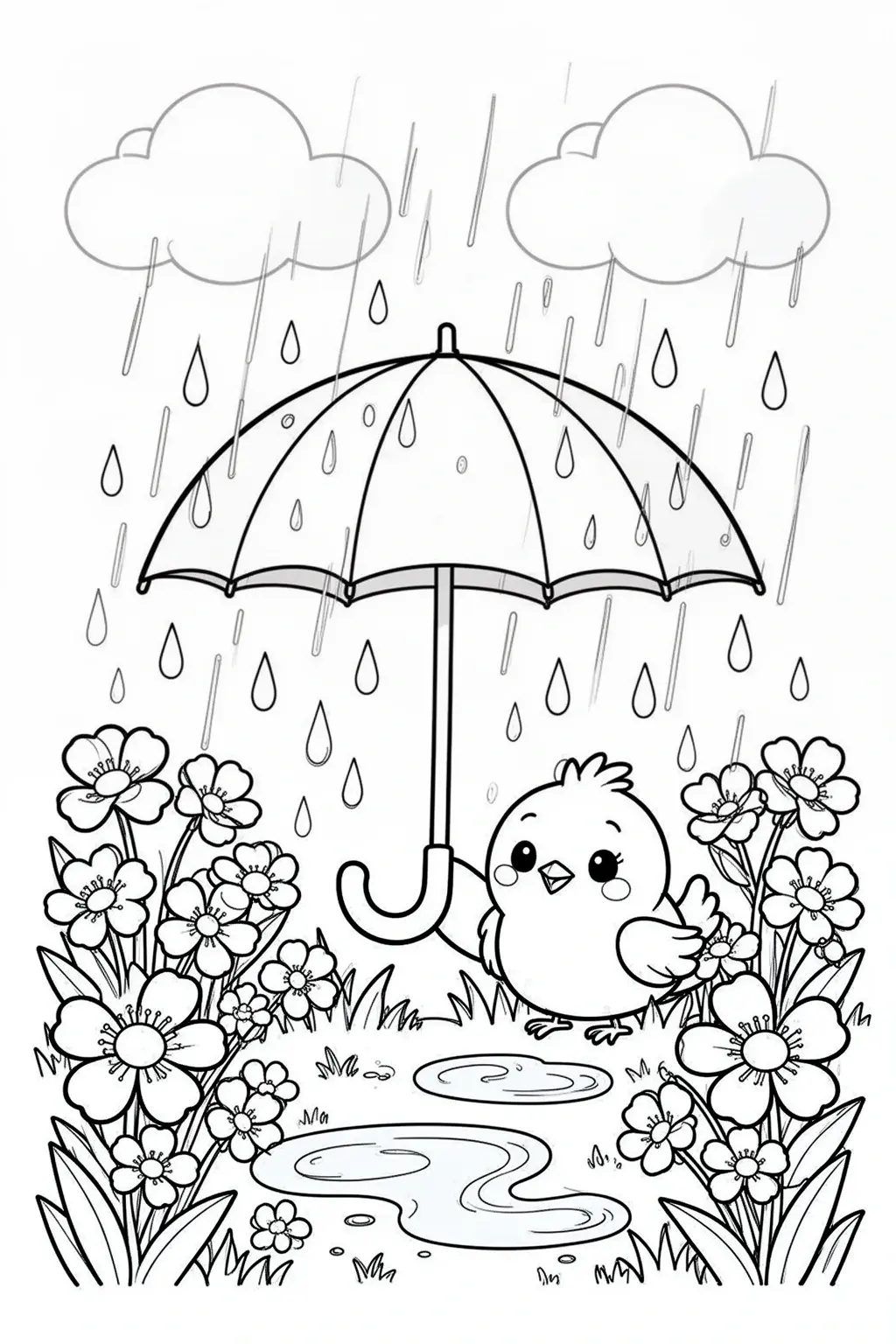 April Showers coloring page | Cute Spring Umbrella Scene.