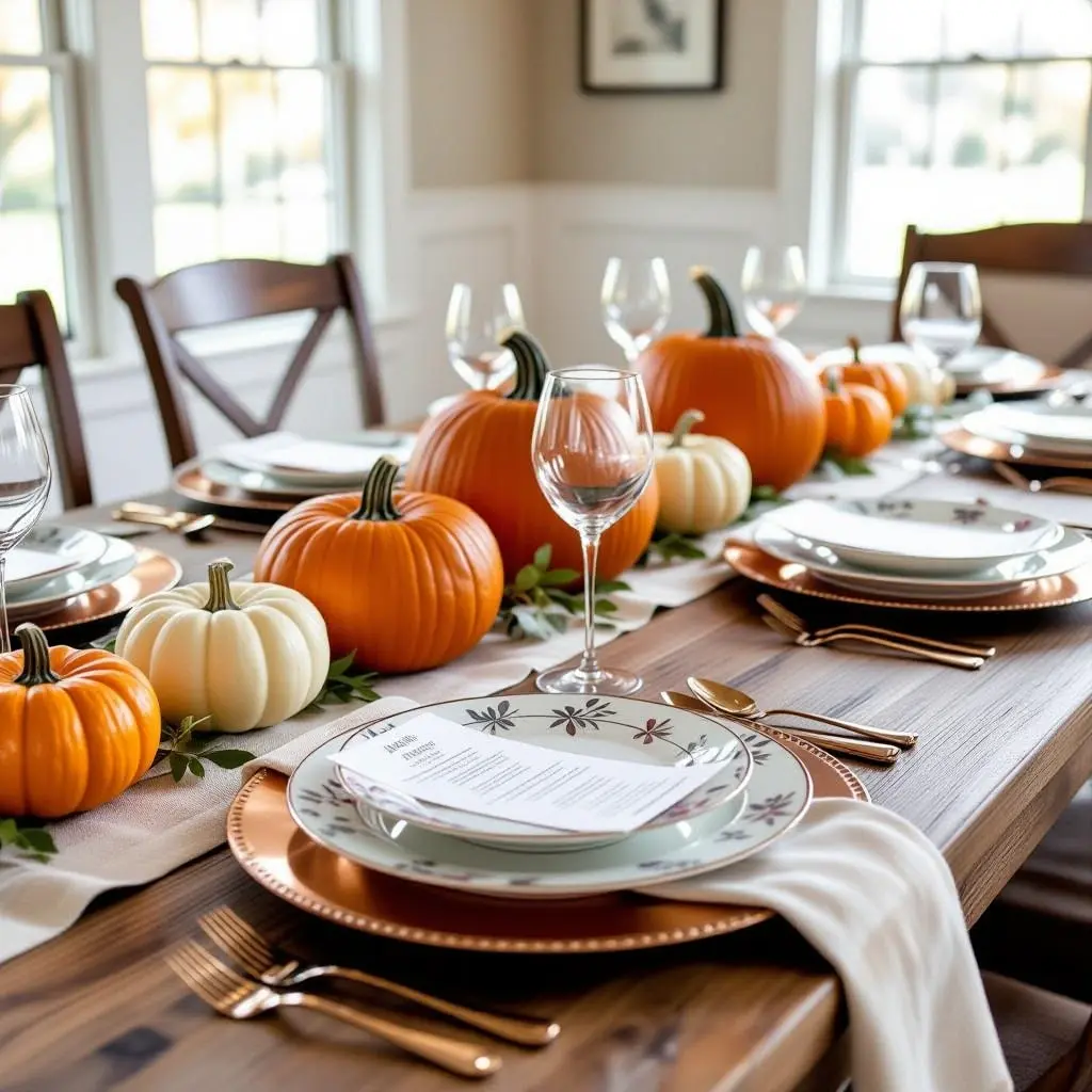 A cozy fall dining table styled with orange and white pumpkins and place settings ideal reference for detailed coloring page, kids' coloring page, printable coloring page and seasonal coloring sheets