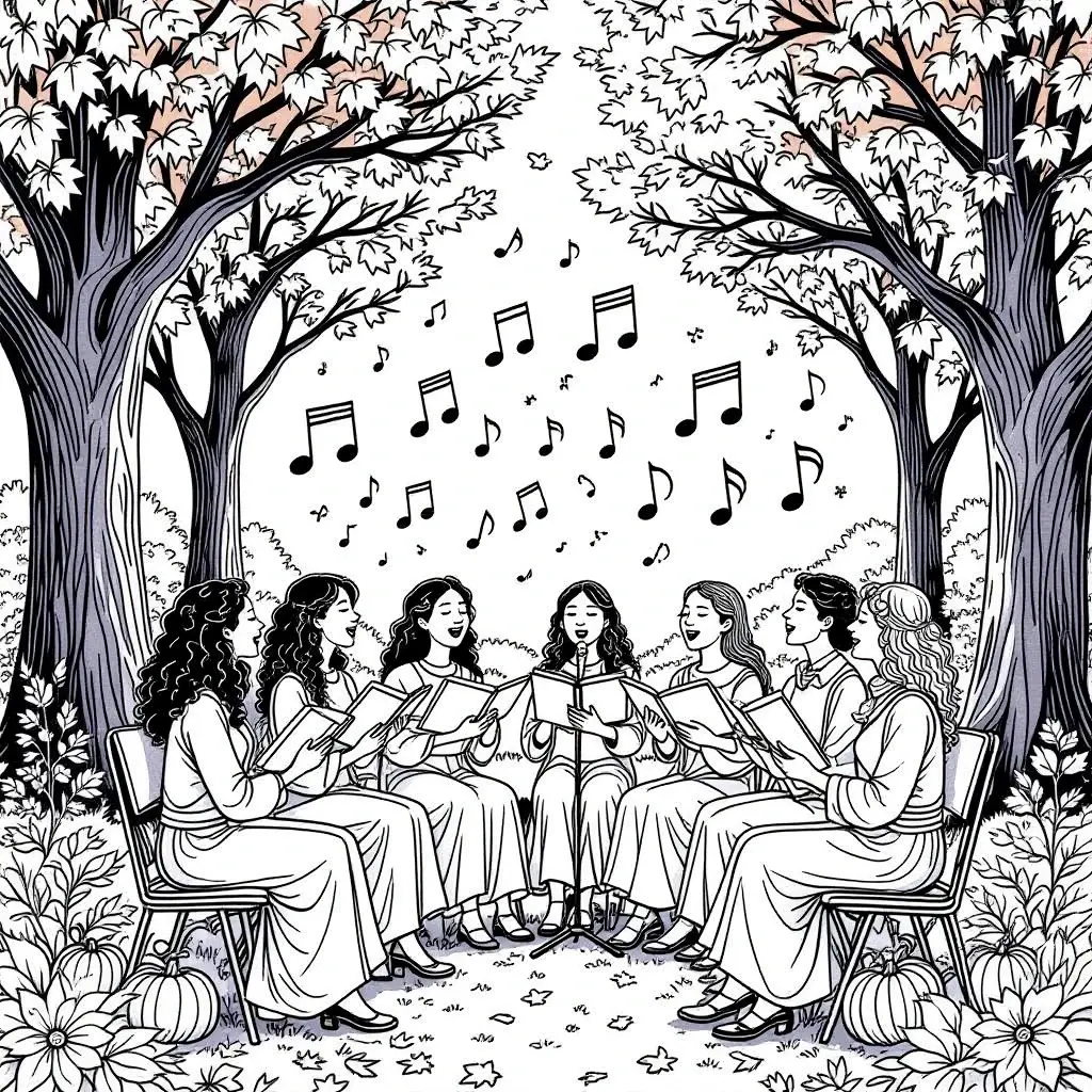 Black-and-white scene of a singing circle under trees with pumpkins and falling leaves detailed coloring page for people who love fall scenes. Great kids' coloring page, printable coloring page and