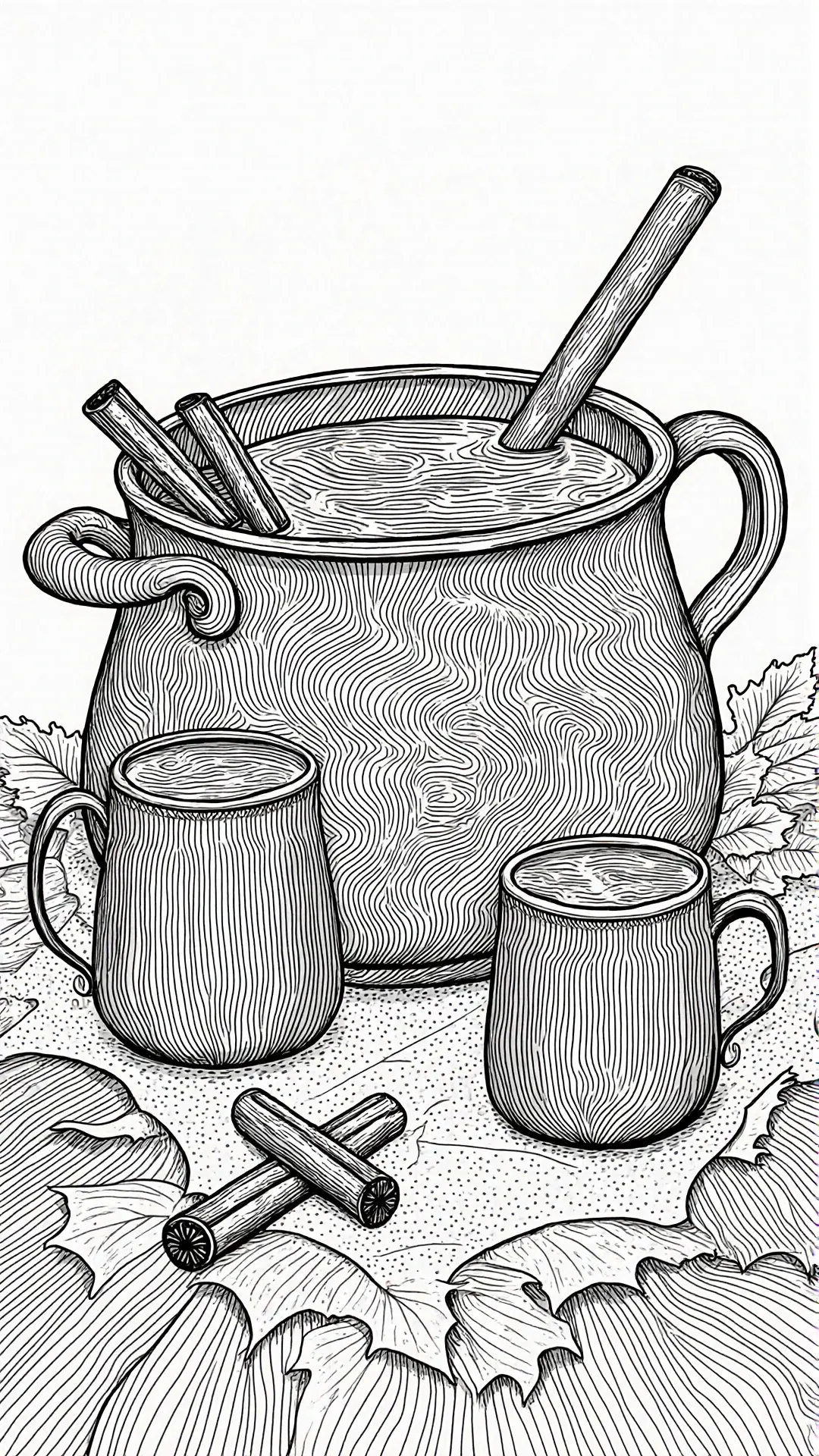 Black-and-white autumn scene of a large pot of mulled cider with two mugs, cinnamon sticks and leaves detailed coloring page, kids' coloring page, printable coloring page, coloring sheets for fall and
