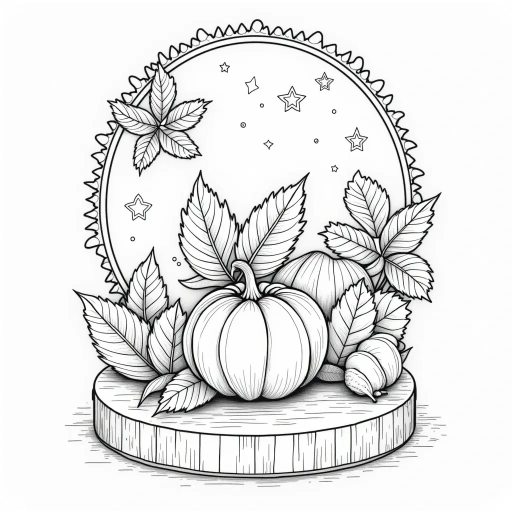 Black-and-white detailed fall pumpkin and leaves illustration for printable coloring page; a seasonal coloring sheet ideal for kids' coloring page and detailed coloring page in a printable coloring