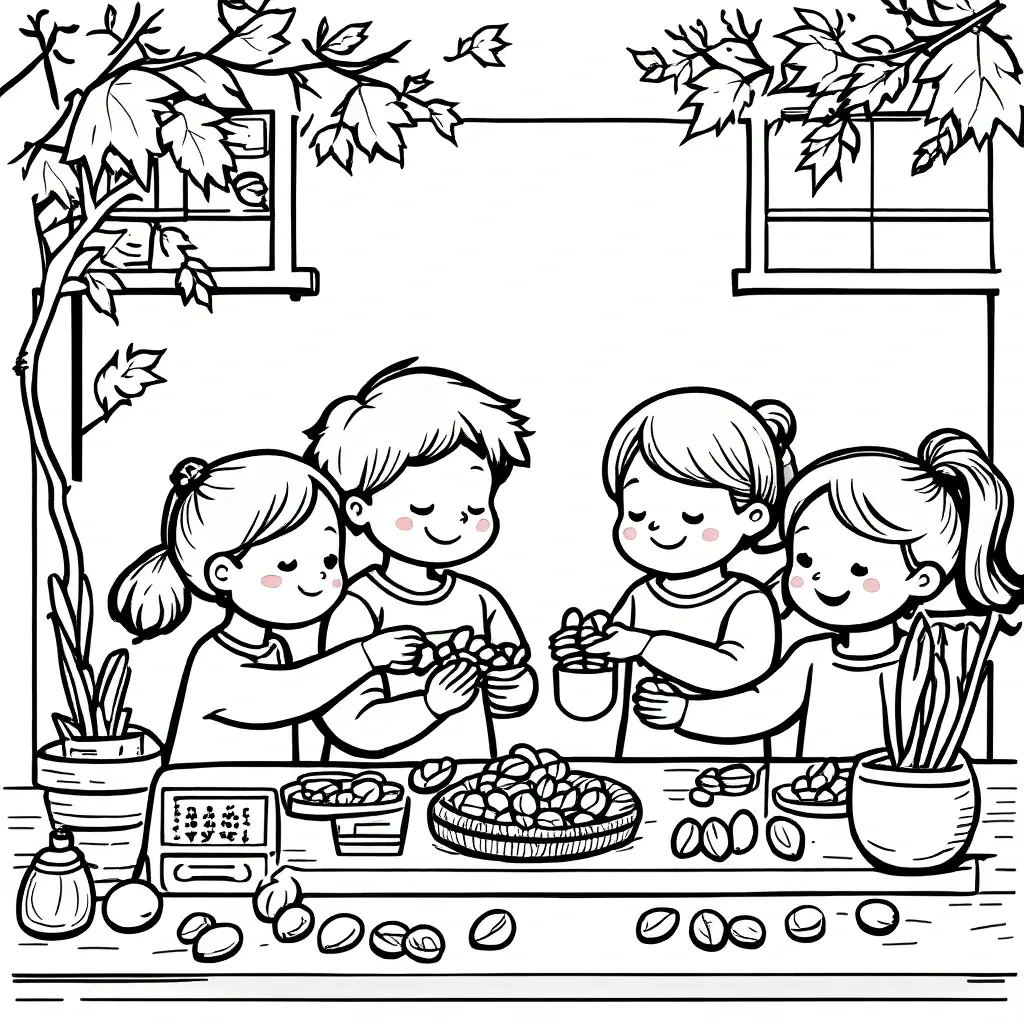 Black and white people scene of four children sitting at a table making crafts; detailed coloring page, kids' coloring page, printable coloring page, coloring sheets.
