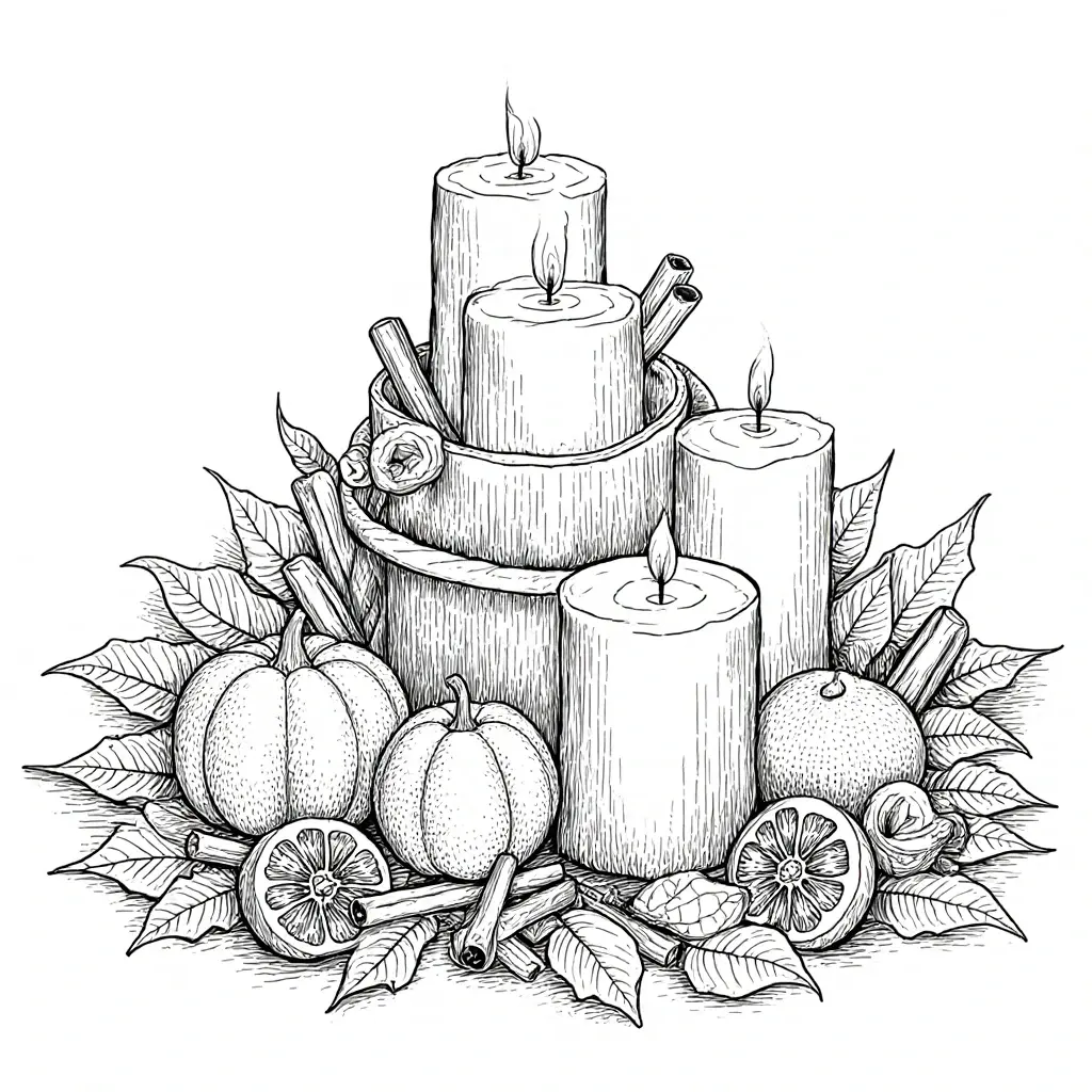 Black and white autumn centerpiece coloring page with candles, pumpkins, orange slices, cinnamon sticks and leaves detailed coloring page, kids' coloring page, printable coloring page, coloring sheets