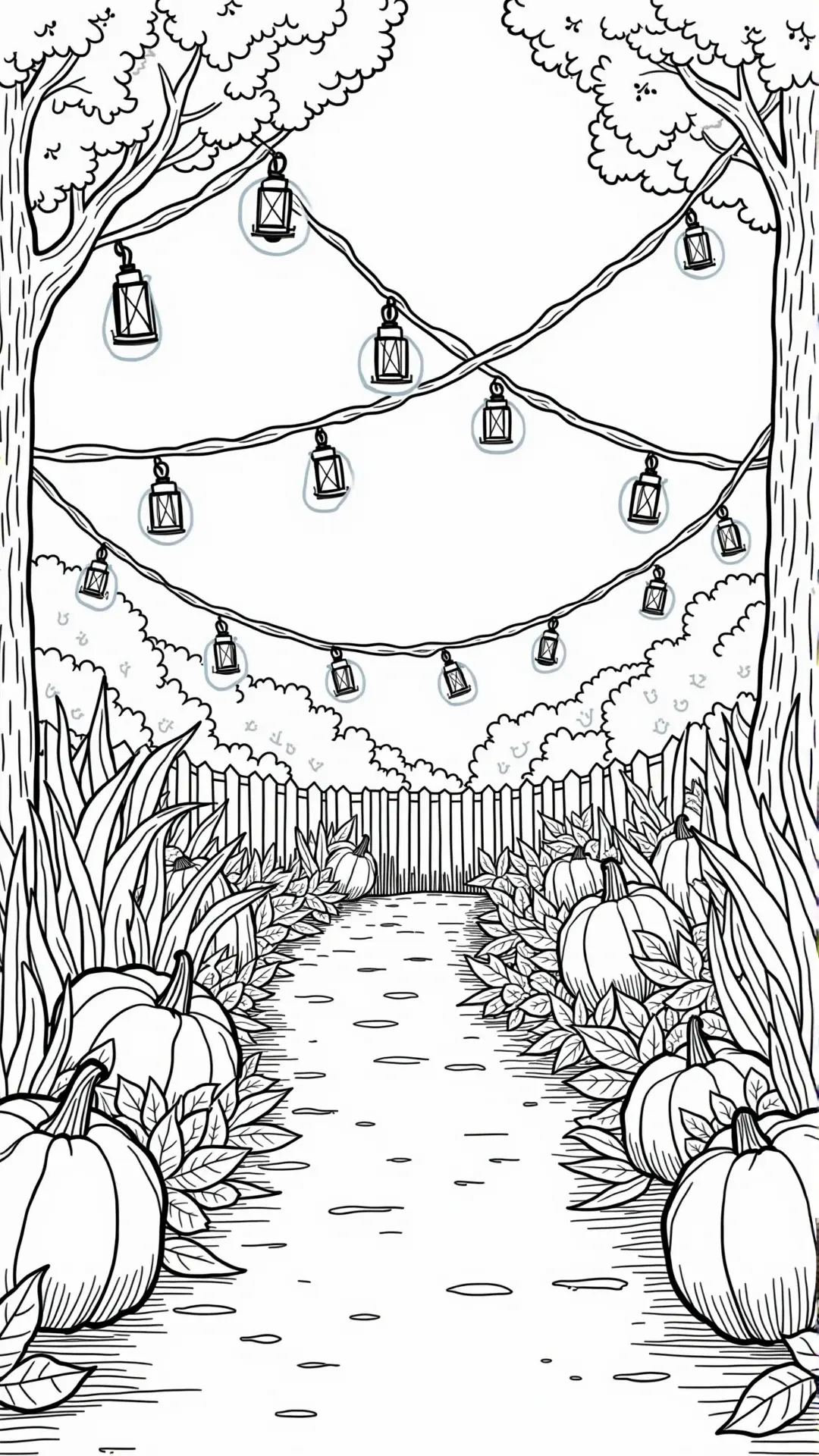 Black-and-white fall scene: pumpkin path with string lights printable coloring page for kids' coloring page, detailed coloring page, and coloring sheets. Season keywords: fall, Halloween, Christmas
